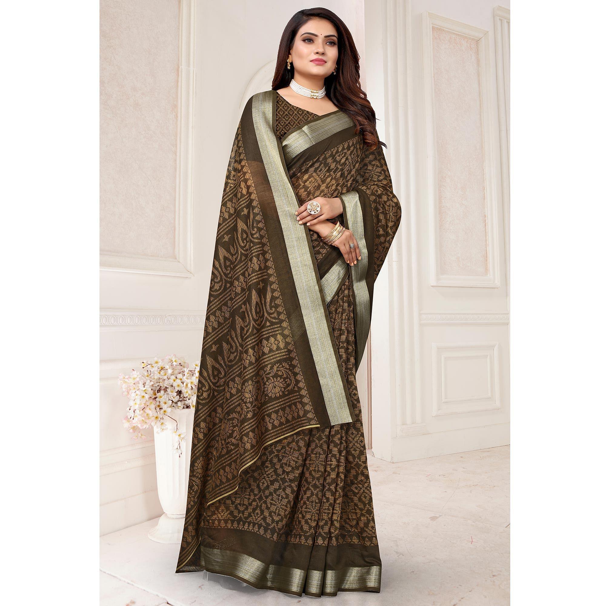 Grey Printed Linen Saree - Peachmode