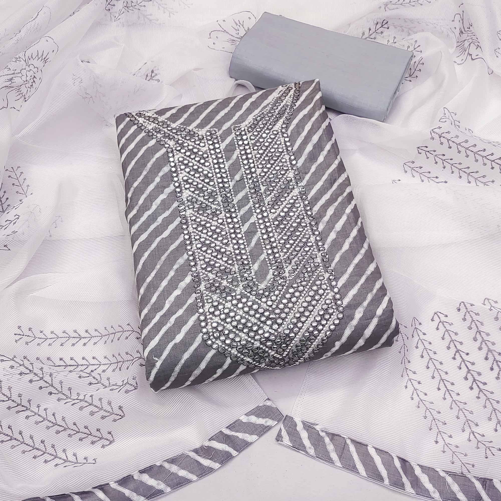 Grey Printed-Mirror Work Pure Cotton Dress Material - Peachmode