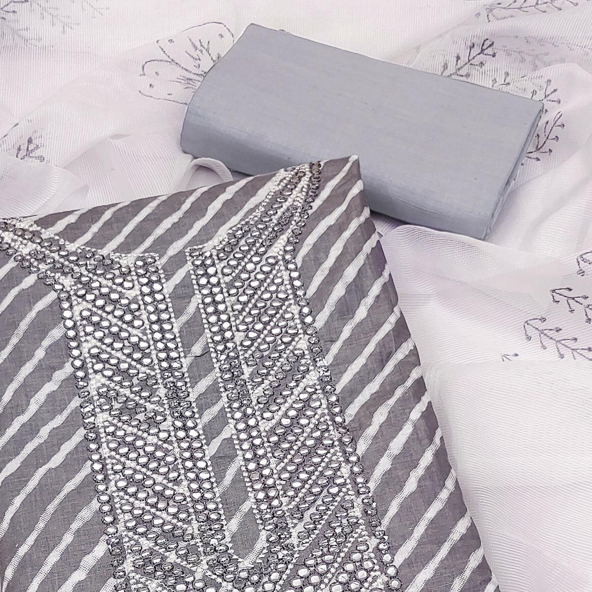 Grey Printed-Mirror Work Pure Cotton Dress Material - Peachmode