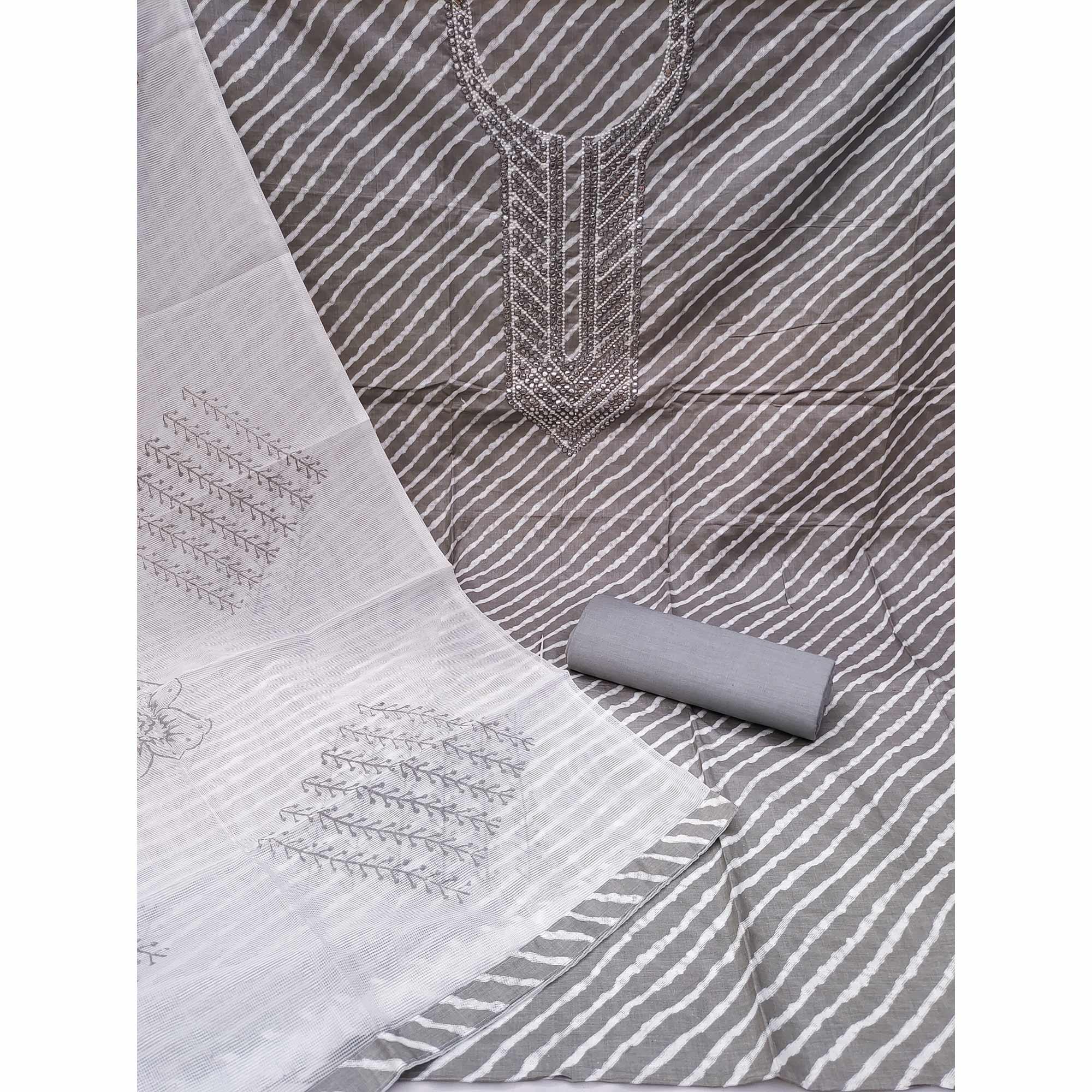 Grey Printed-Mirror Work Pure Cotton Dress Material - Peachmode