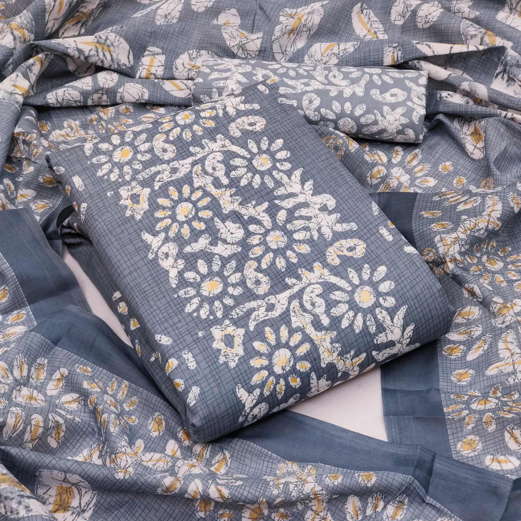 Grey Printed Poly Cotton Dress Material - Peachmode