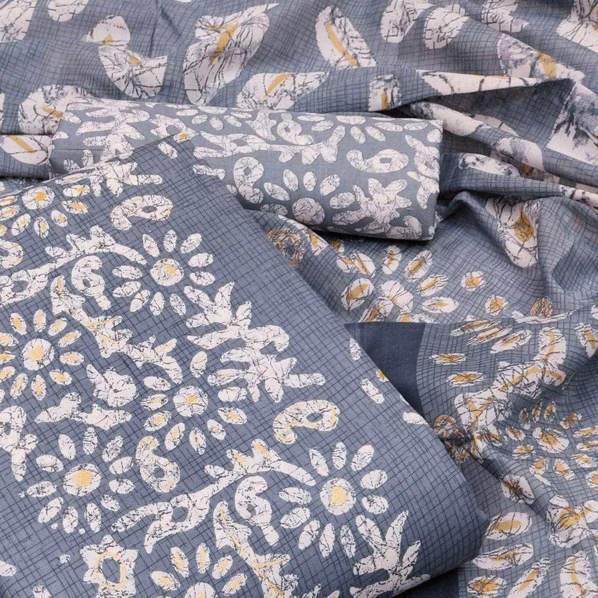 Grey Printed Poly Cotton Dress Material - Peachmode