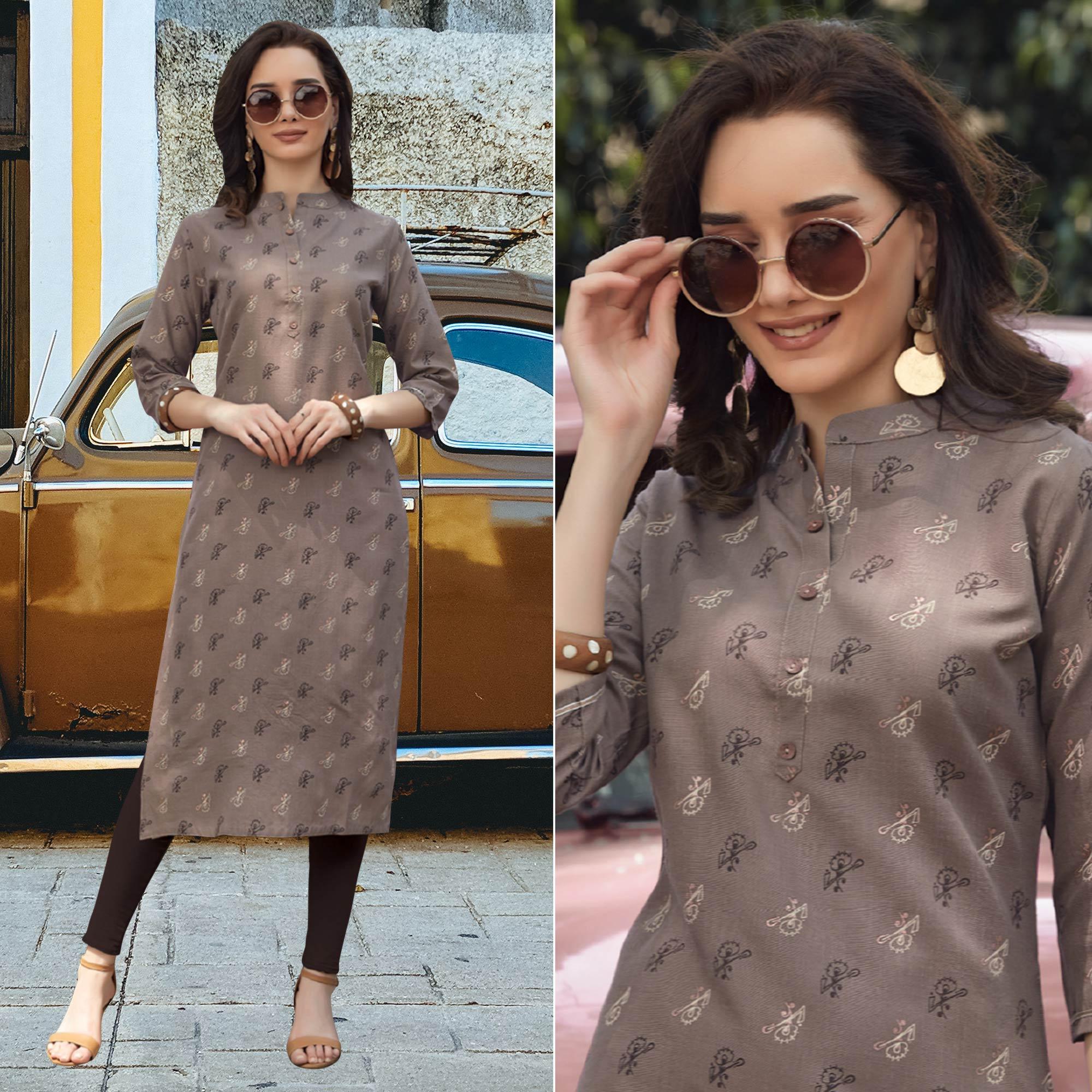Grey Printed Poly Cotton Kurti - Peachmode
