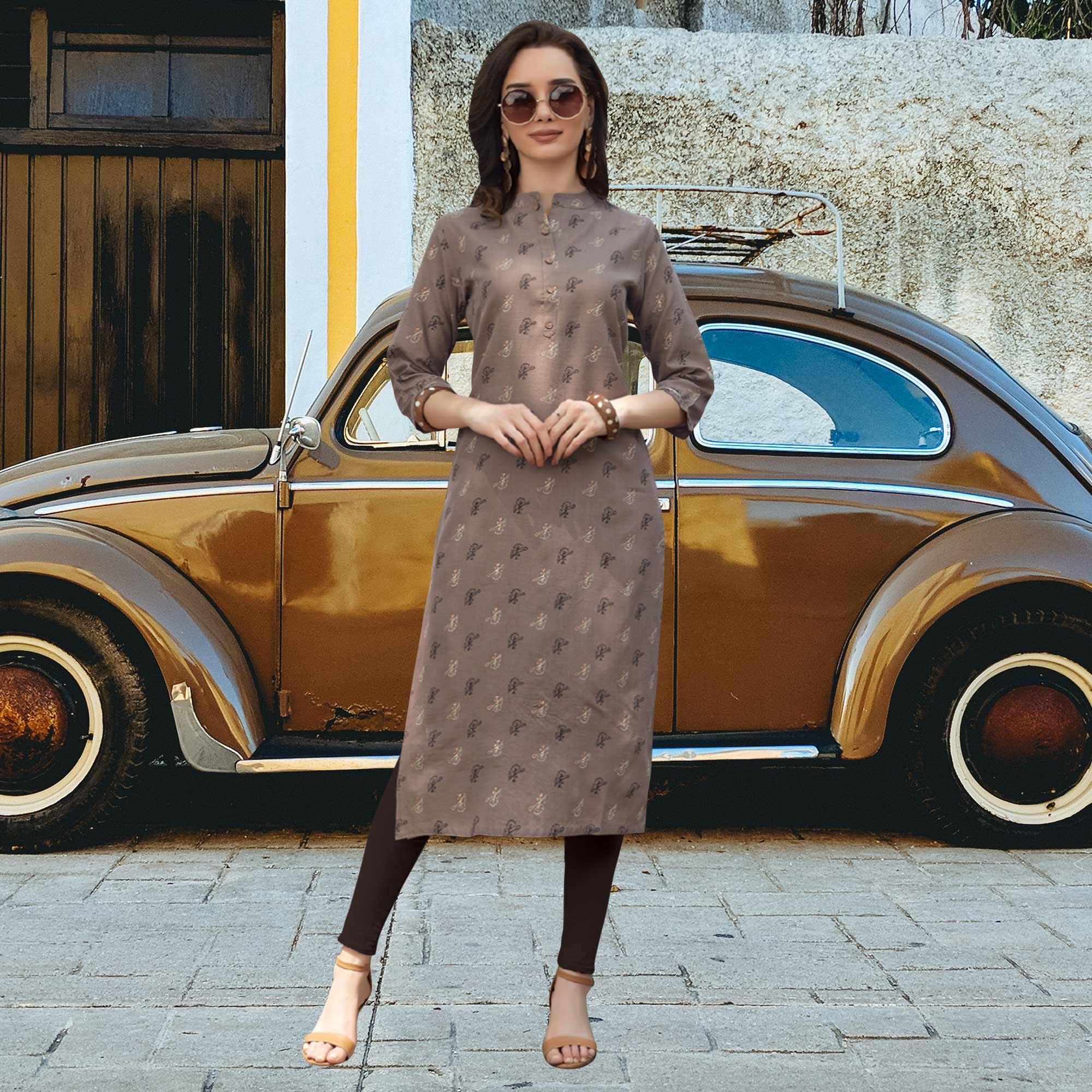 Grey Printed Poly Cotton Kurti - Peachmode