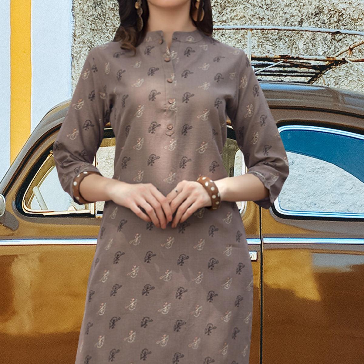 Grey Printed Poly Cotton Kurti - Peachmode