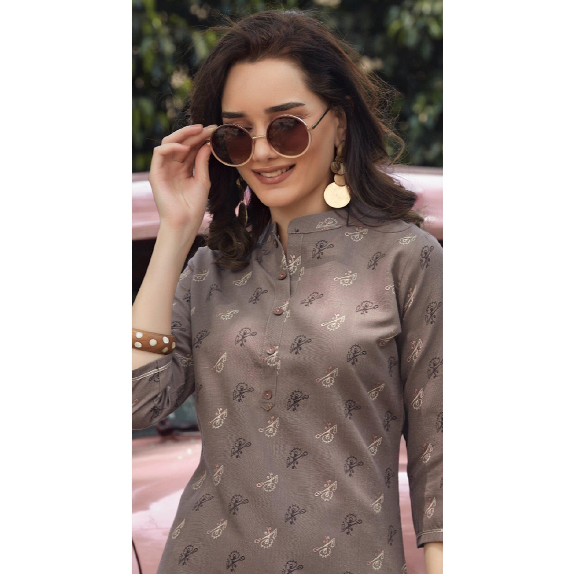 Grey Printed Poly Cotton Kurti - Peachmode