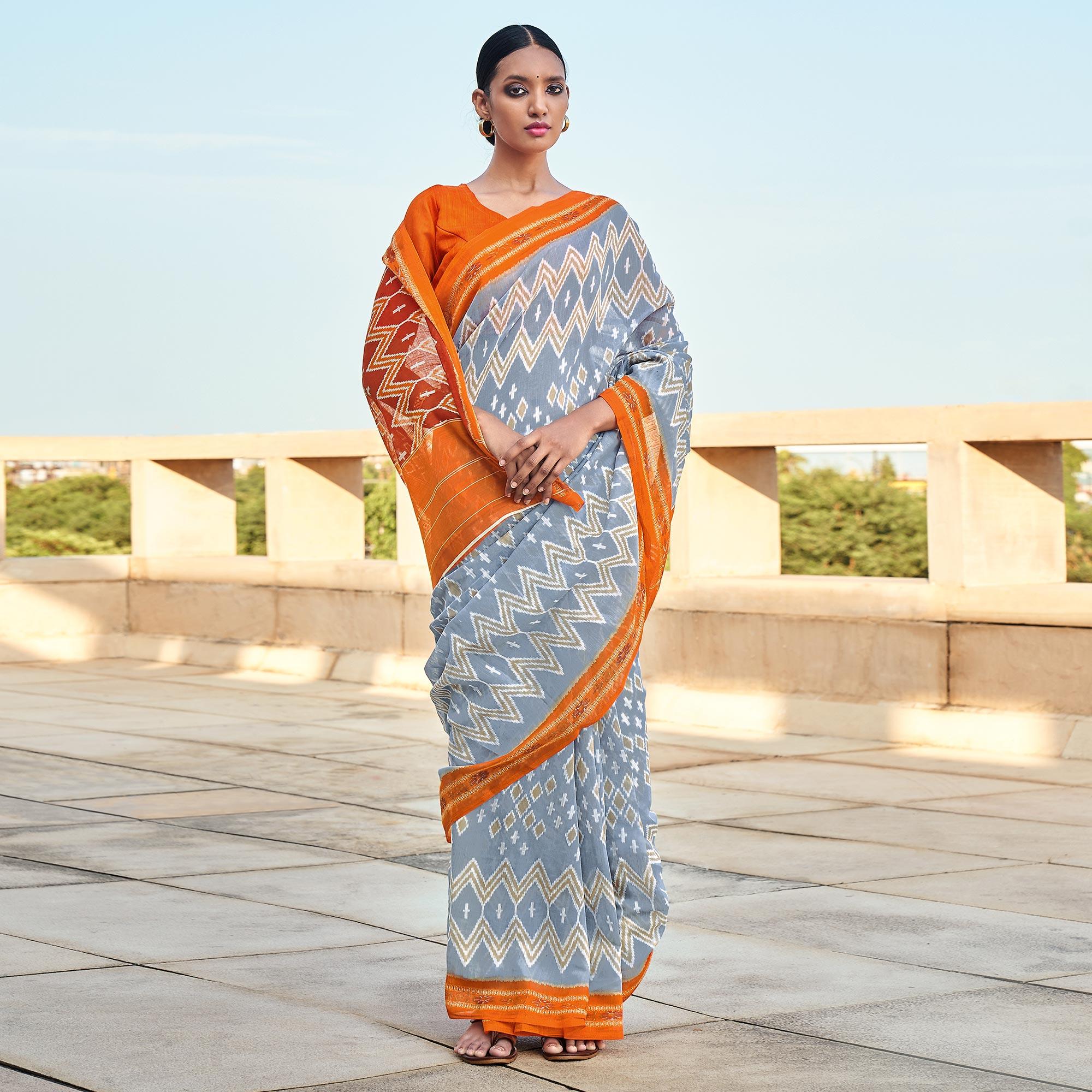 Grey Printed Poly Cotton Saree - Peachmode