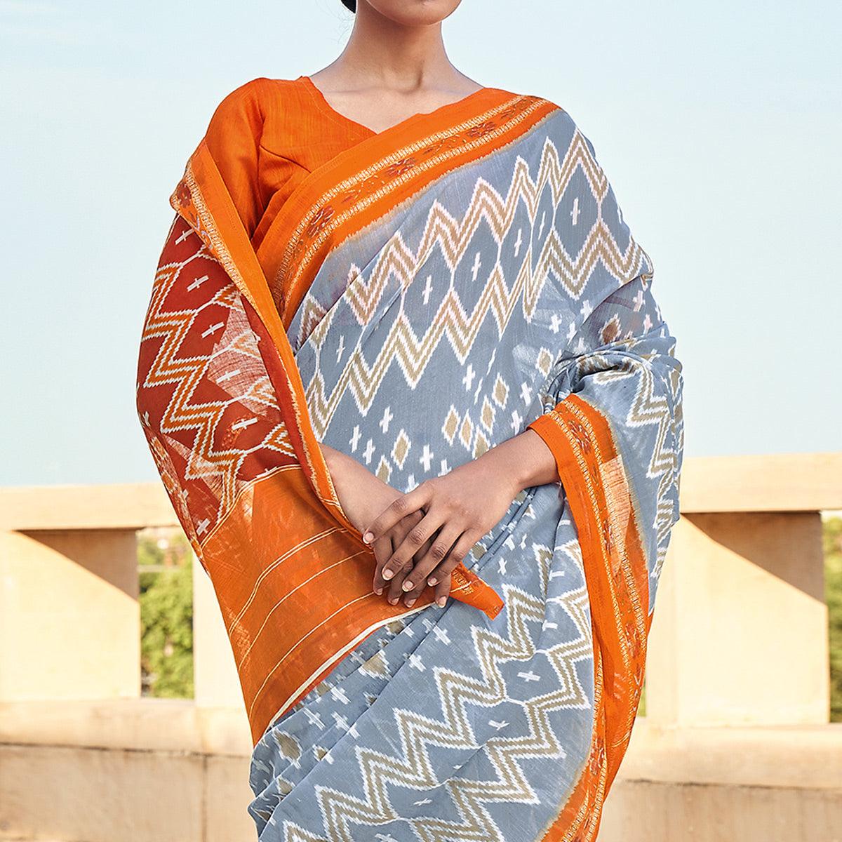 Grey Printed Poly Cotton Saree - Peachmode