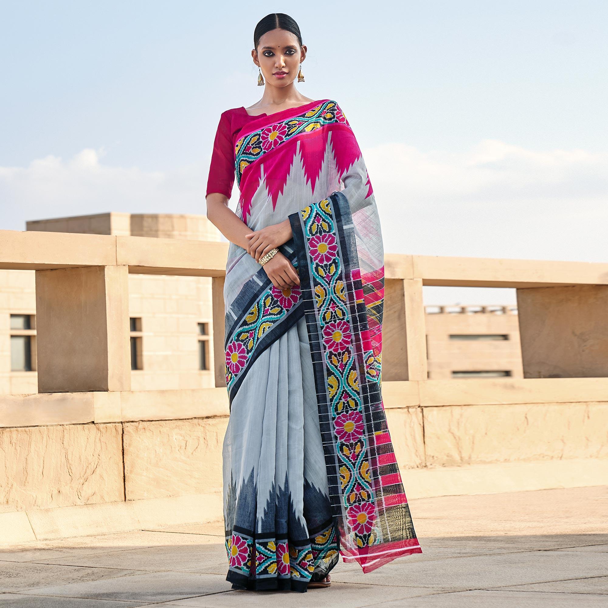 Grey Printed Poly Cotton Saree - Peachmode