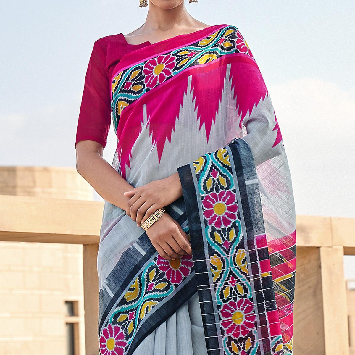 Grey Printed Poly Cotton Saree - Peachmode