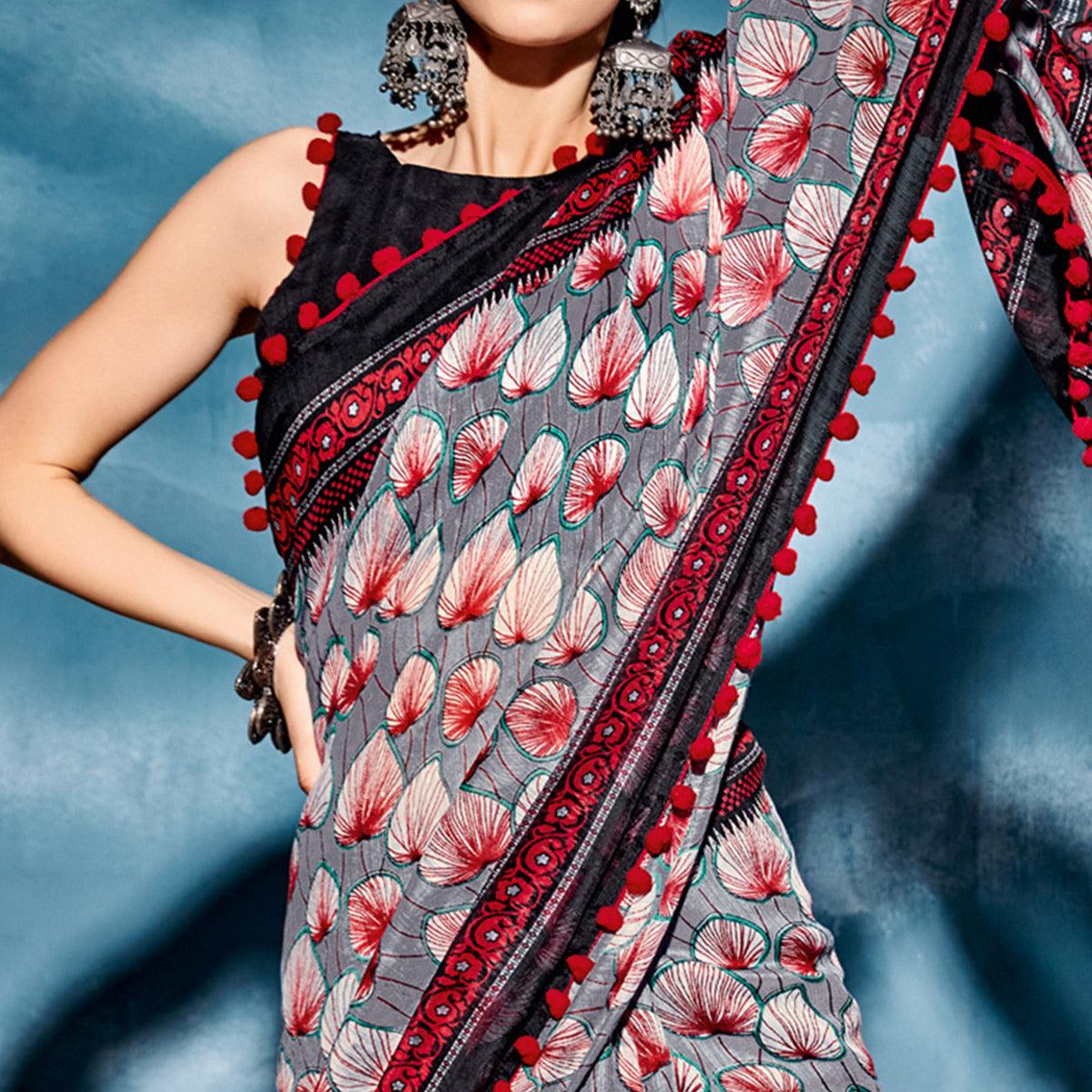 Grey Printed Poly Cotton Saree With Pumpum Lace - Peachmode