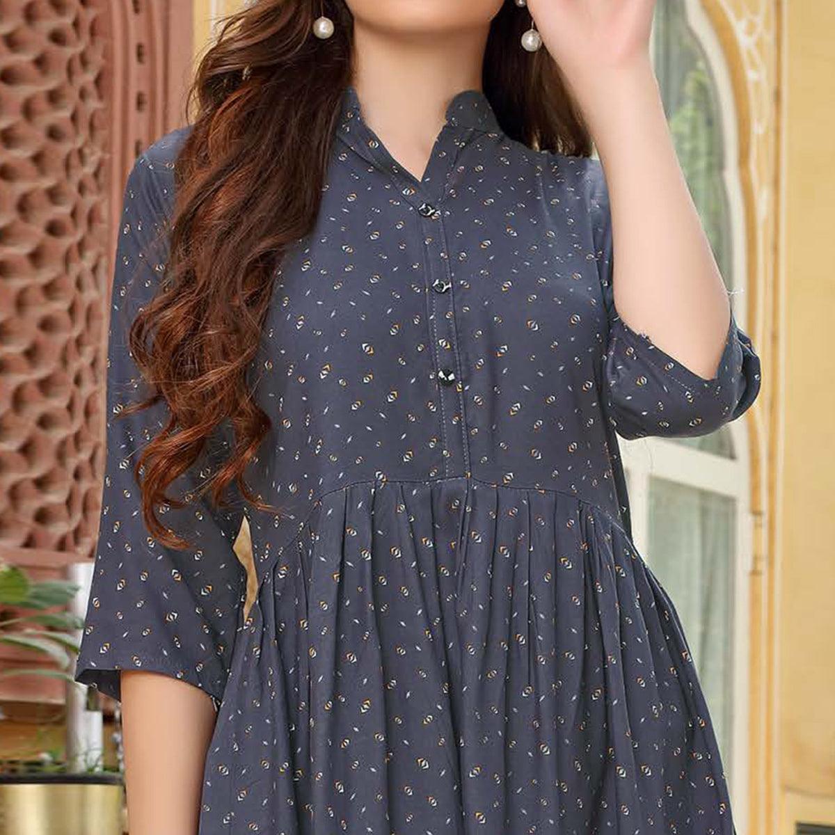 Grey Printed Poly Cotton Top - Peachmode