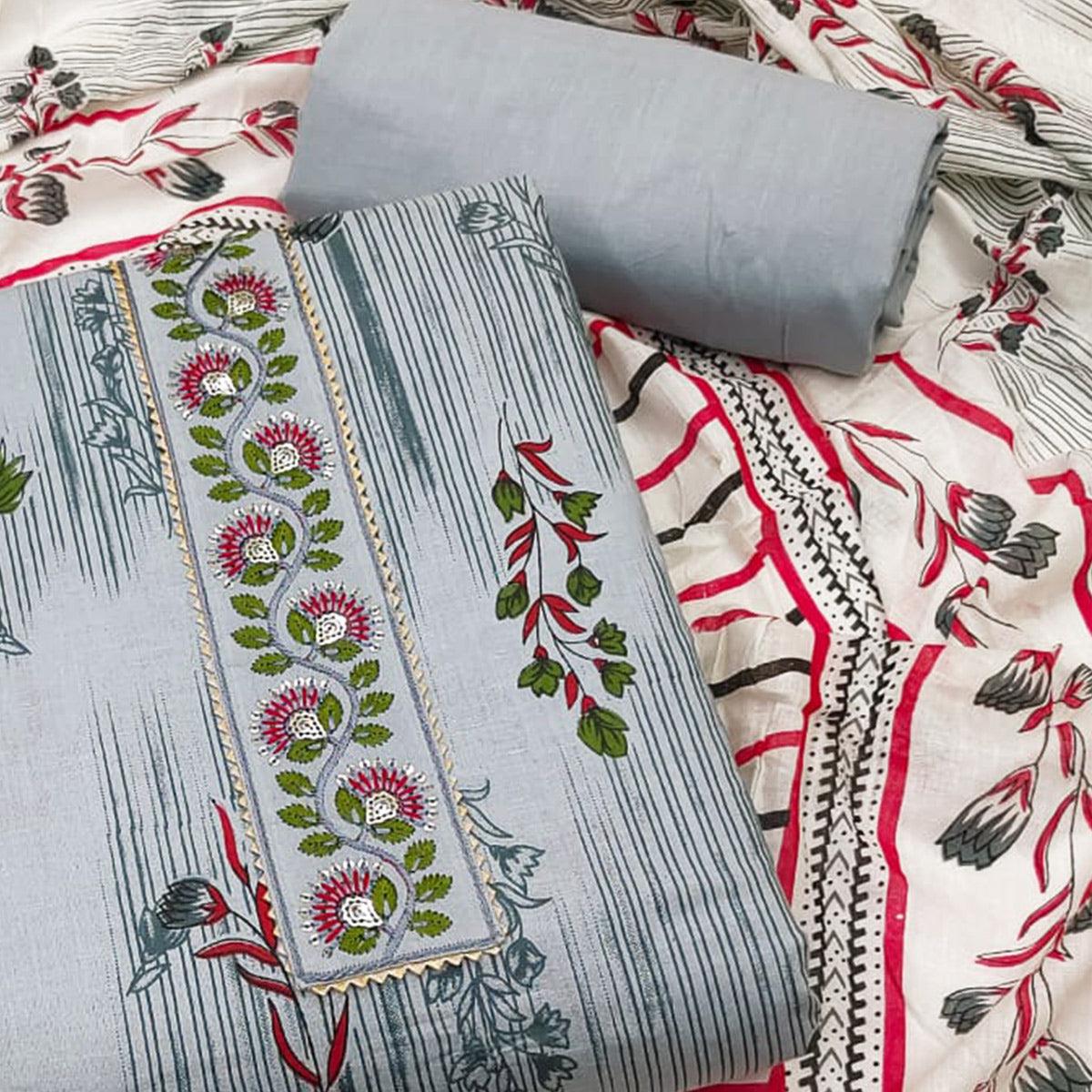 Grey Printed Pure Cotton Dress Material - Peachmode
