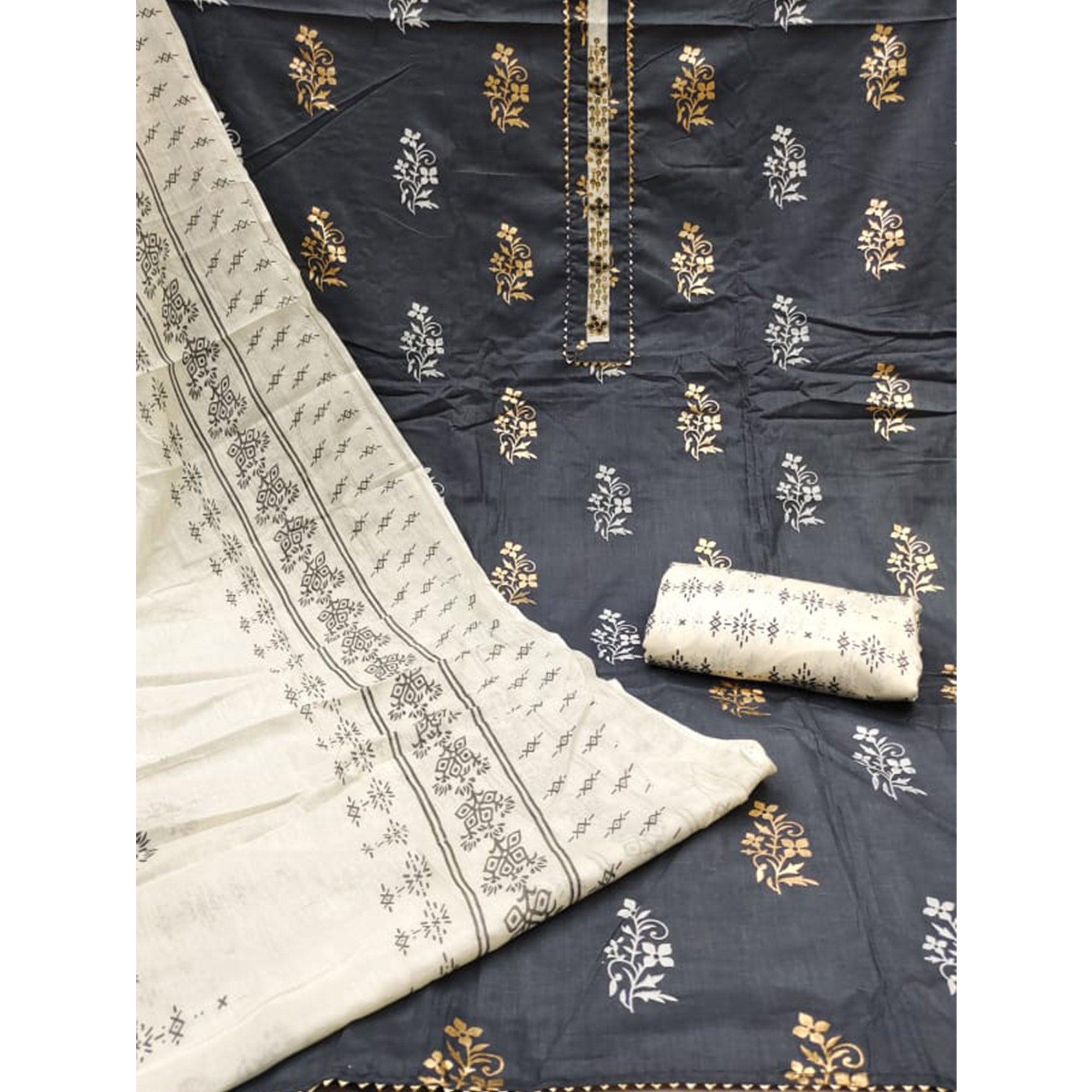 Grey Printed Pure Cotton Dress Material - Peachmode
