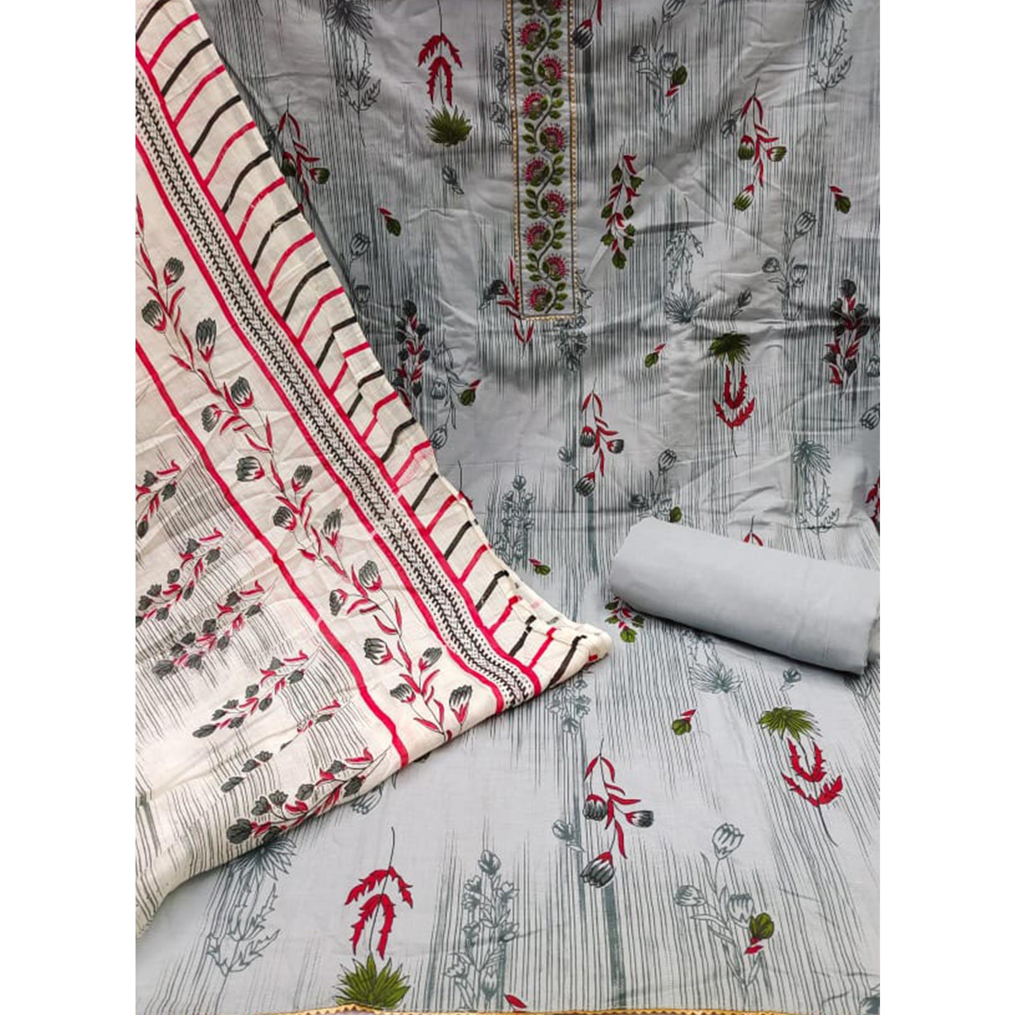Grey Printed Pure Cotton Dress Material - Peachmode
