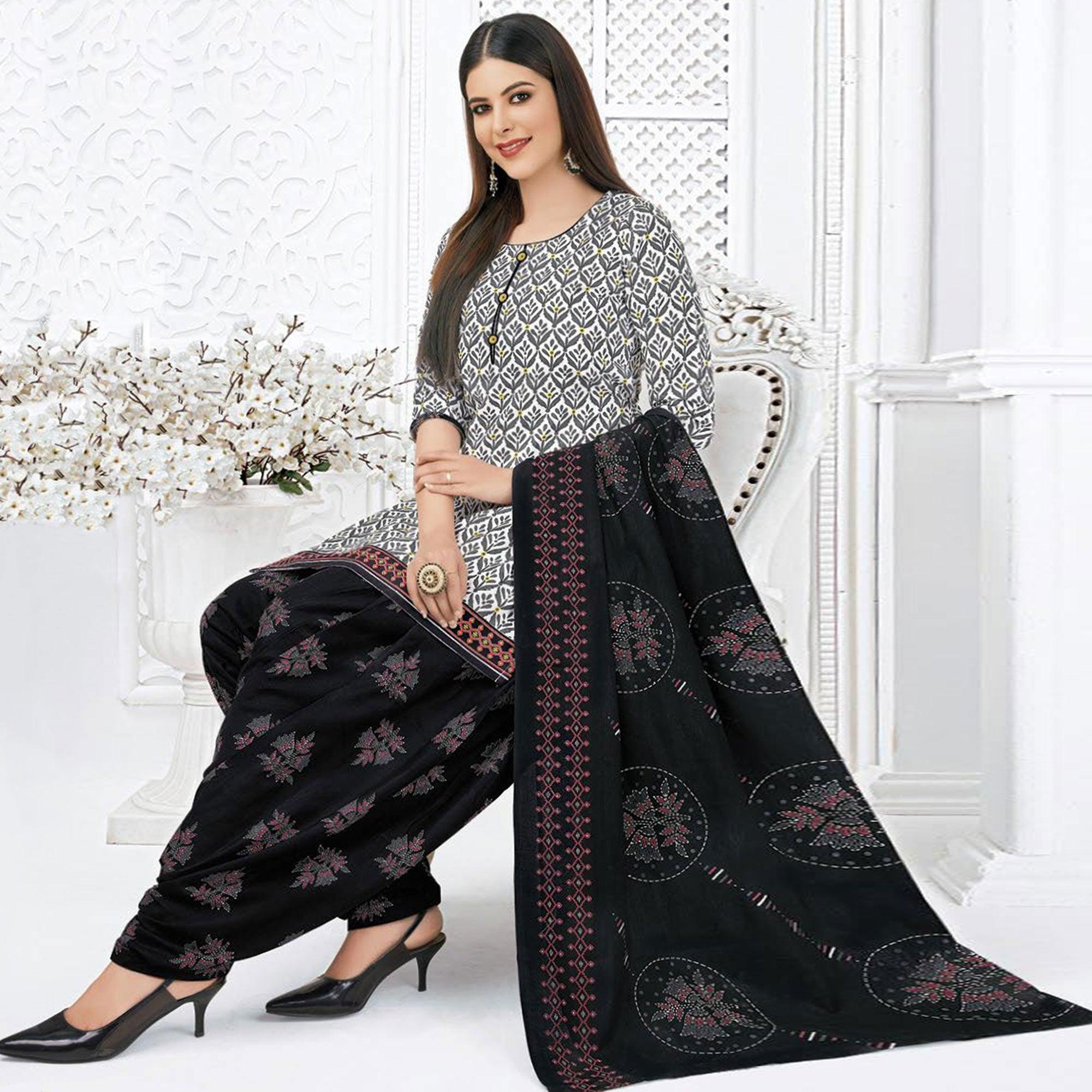 Grey Printed Pure Cotton Stitched Patiala Suit - Peachmode