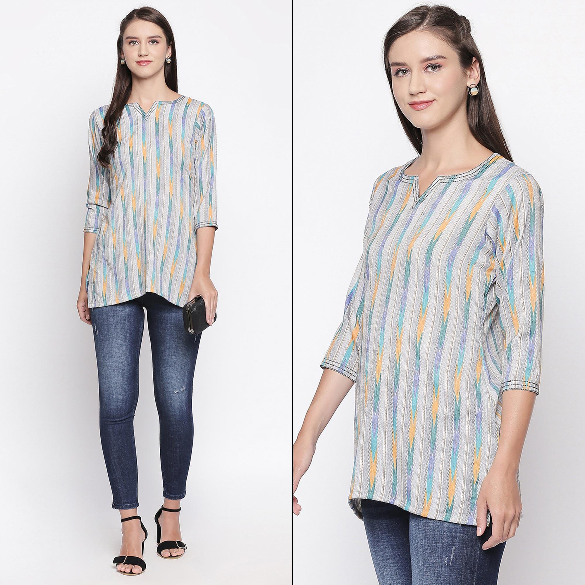 Grey Printed Pure Cotton Top - Peachmode