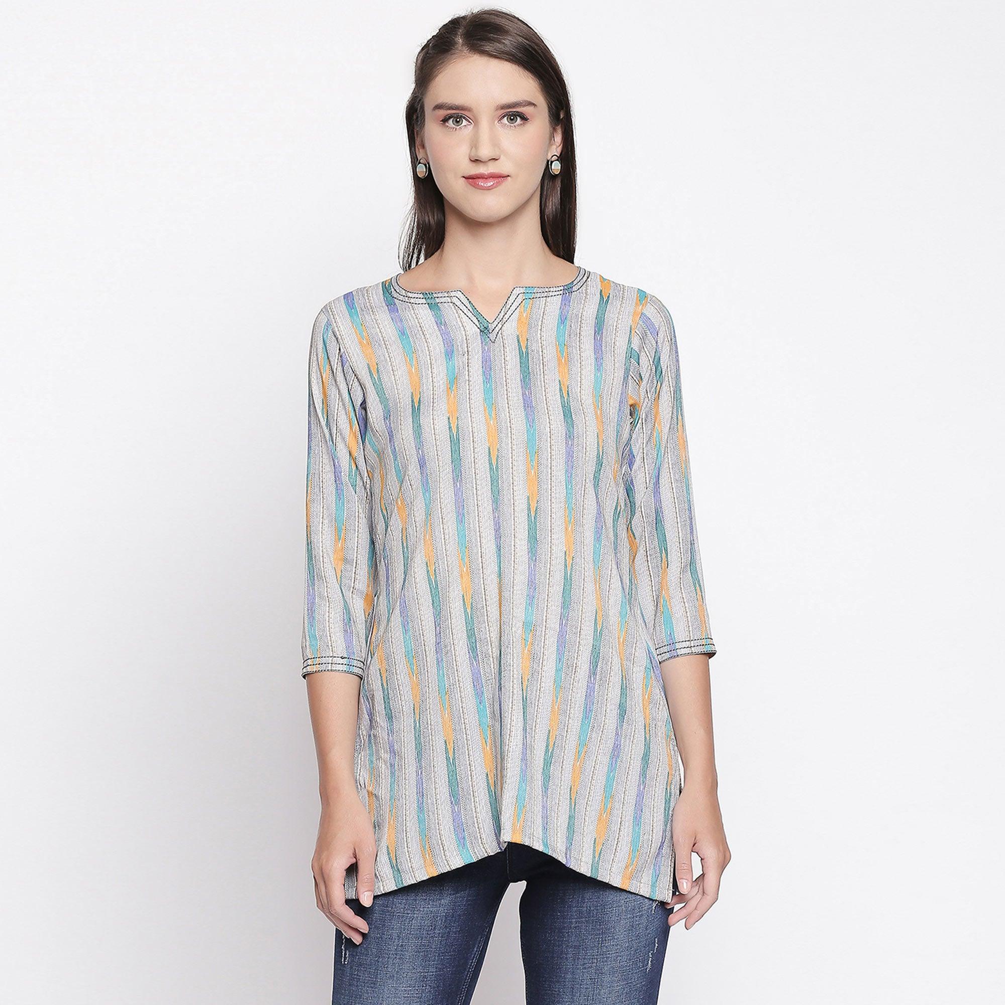 Grey Printed Pure Cotton Top - Peachmode