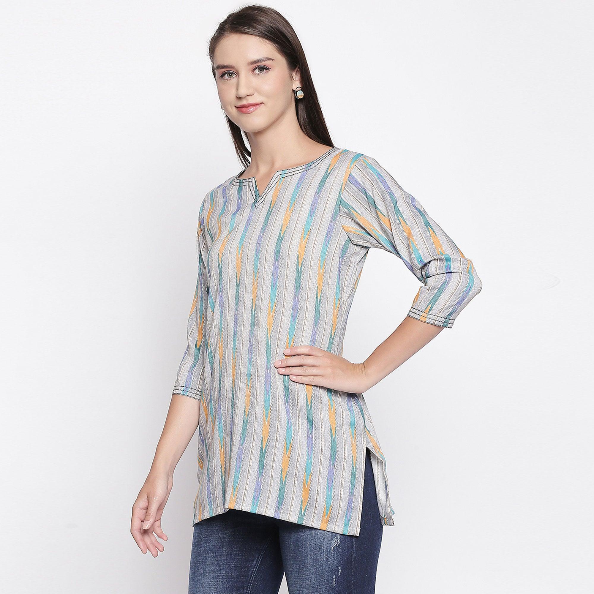 Grey Printed Pure Cotton Top - Peachmode