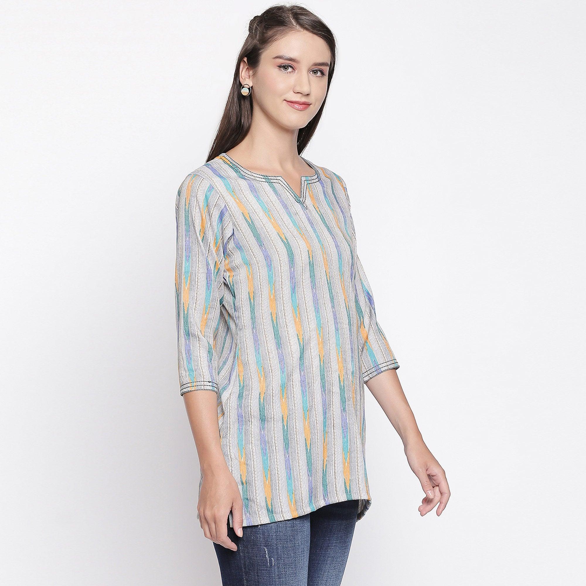 Grey Printed Pure Cotton Top - Peachmode