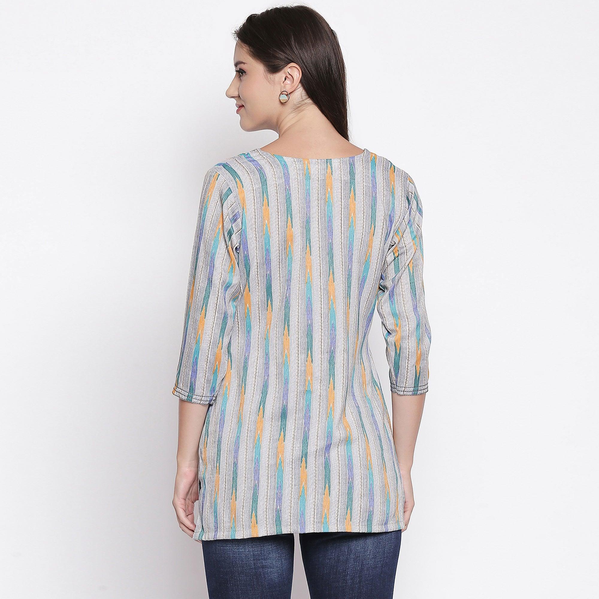 Grey Printed Pure Cotton Top - Peachmode