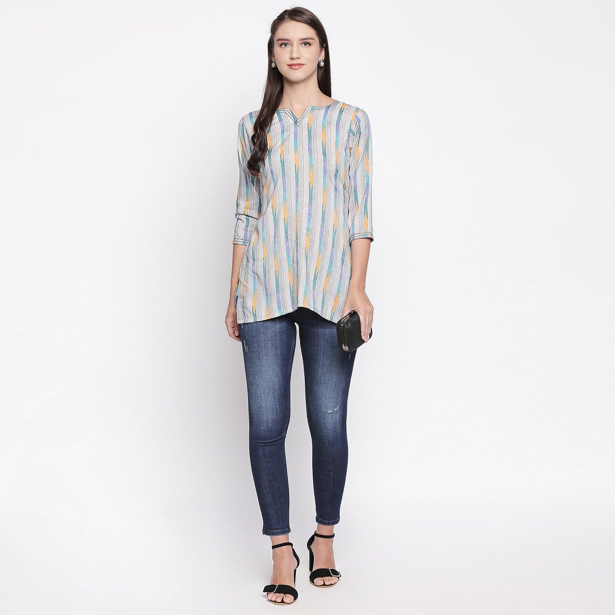 Grey Printed Pure Cotton Top - Peachmode