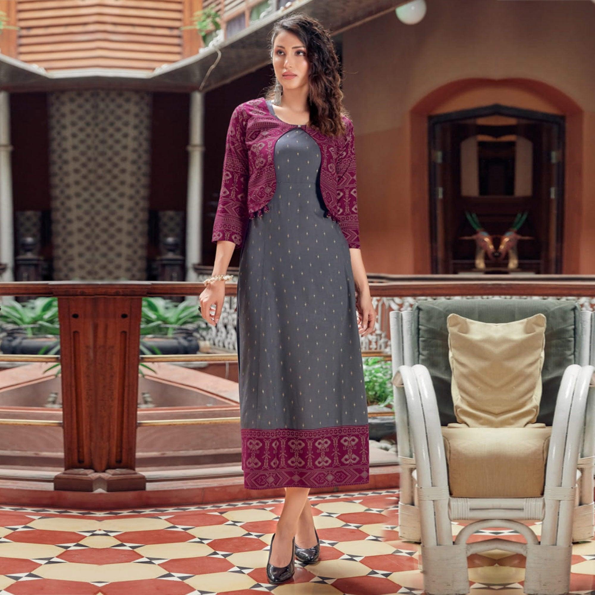 Grey Printed Rayon Anarkali Kurti - Peachmode