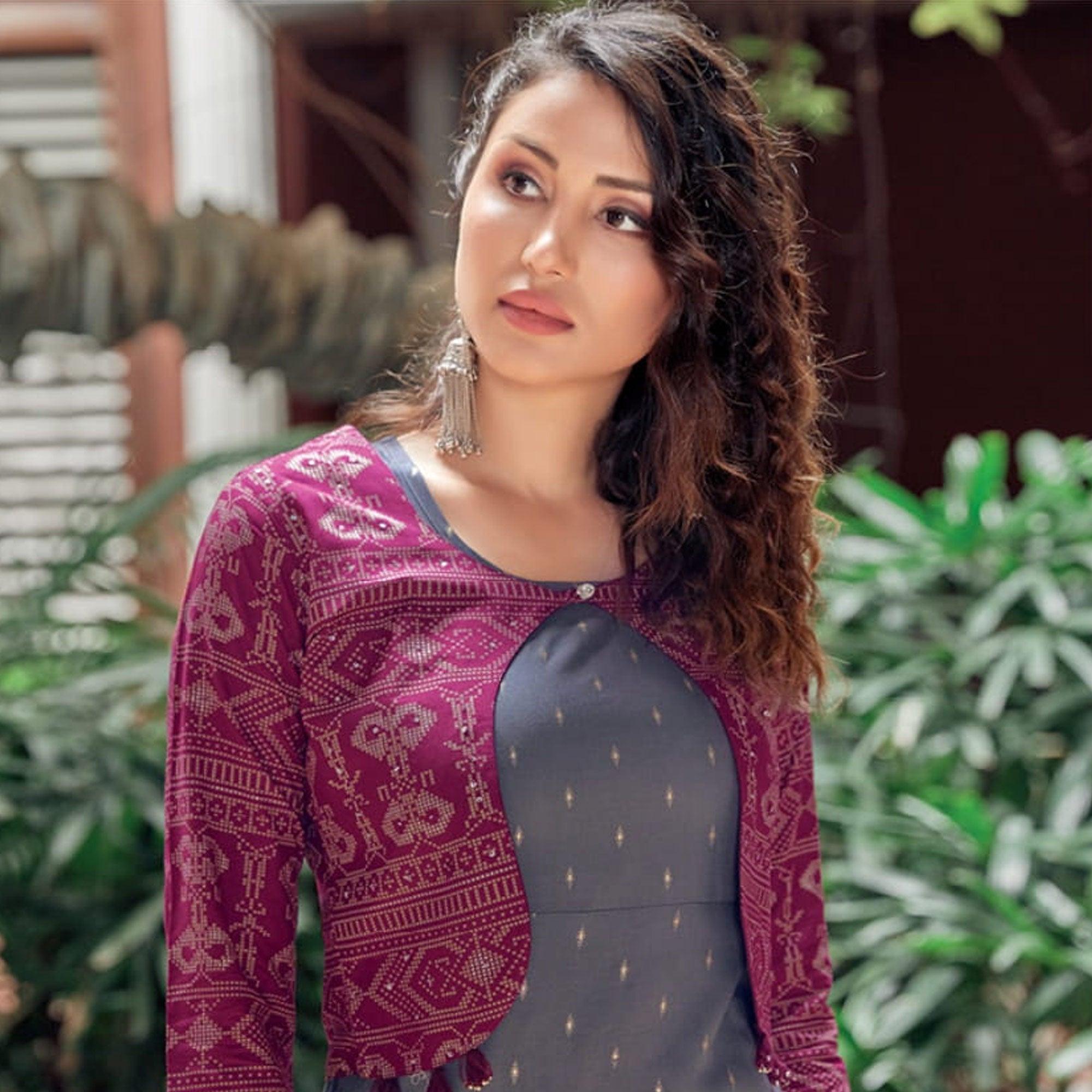 Grey Printed Rayon Anarkali Kurti - Peachmode