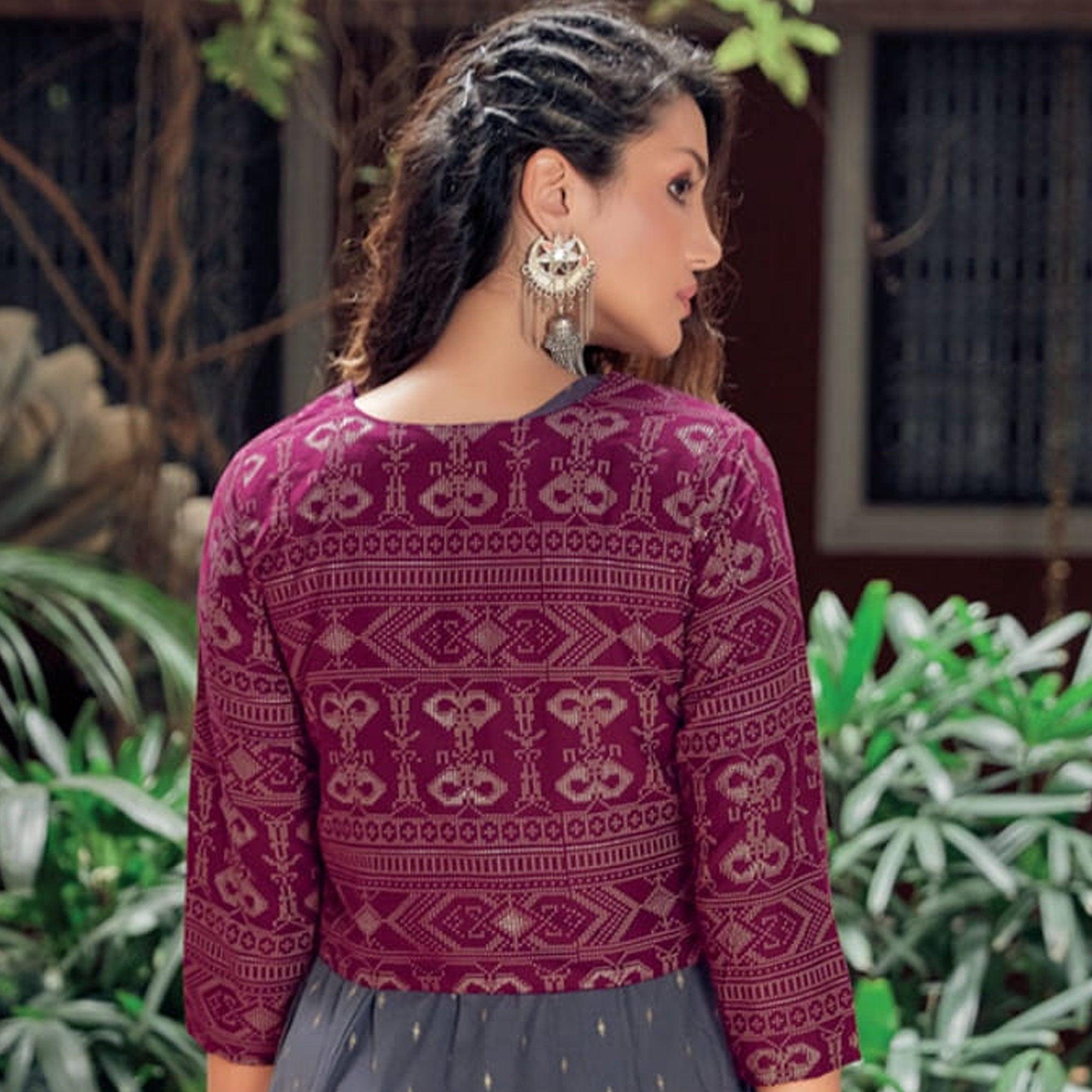 Grey Printed Rayon Anarkali Kurti - Peachmode