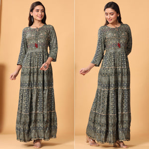 Grey Printed Rayon Kurti - Peachmode