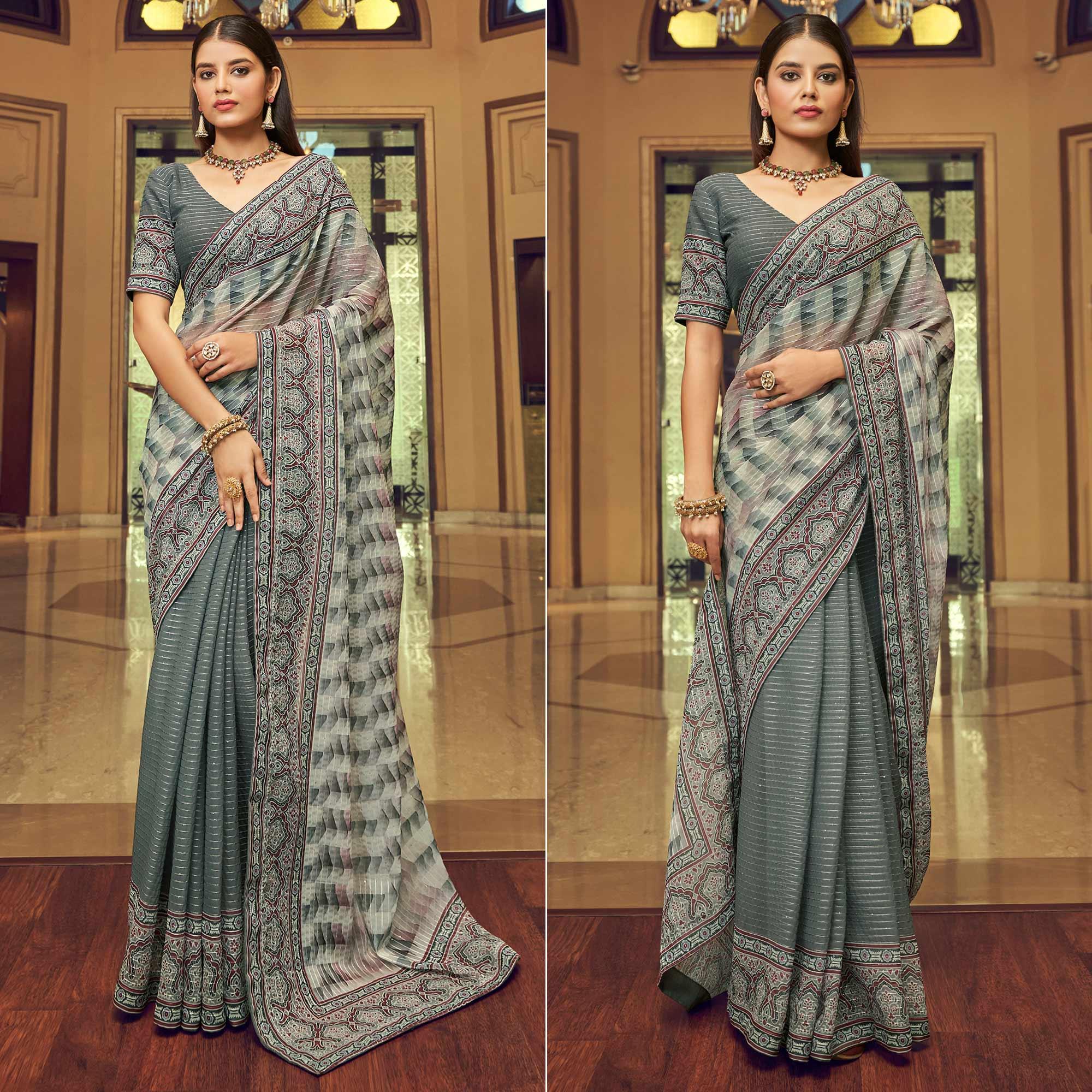 Grey Printed With Embellished Georgette Half and Half Saree - Peachmode