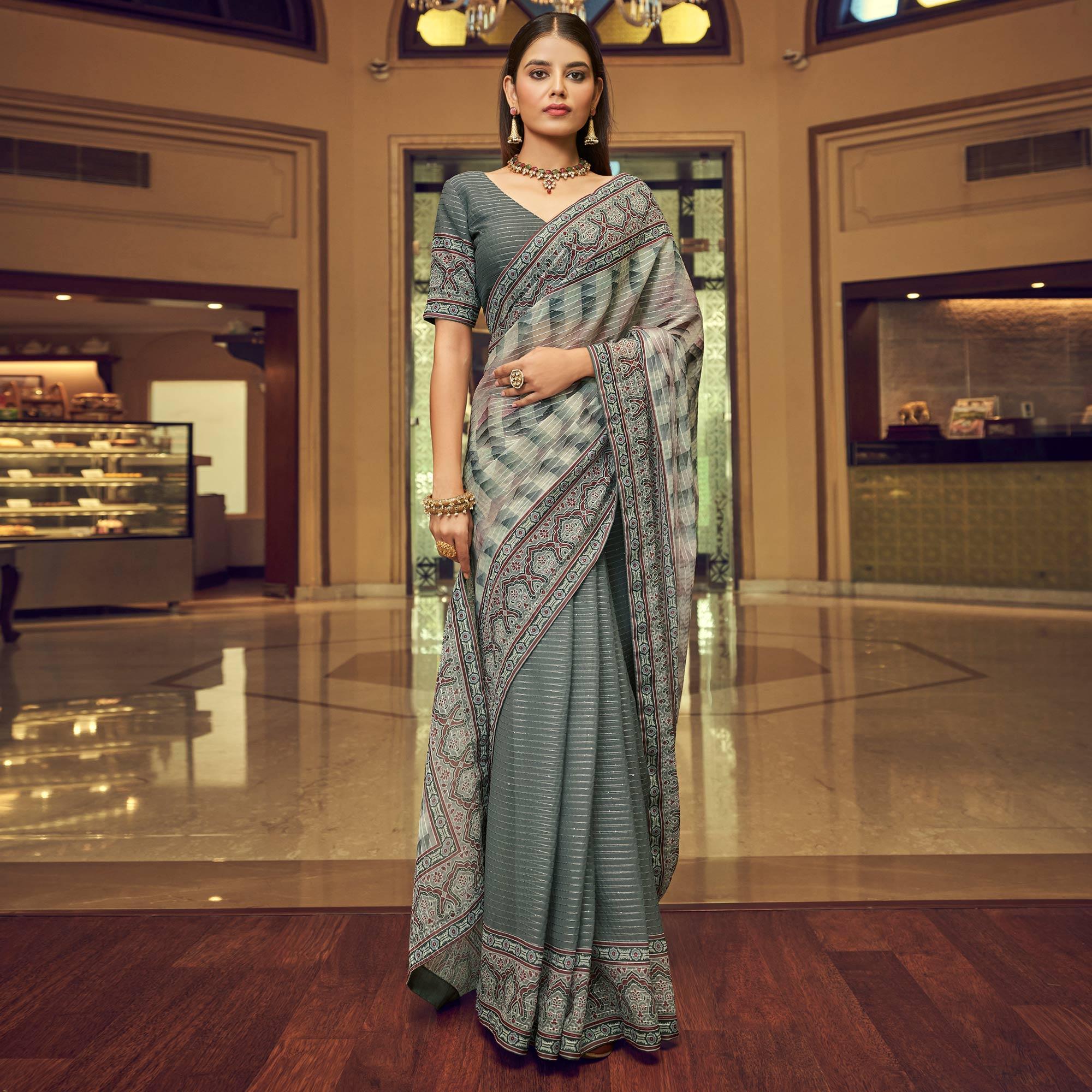 Grey Printed With Embellished Georgette Half and Half Saree - Peachmode