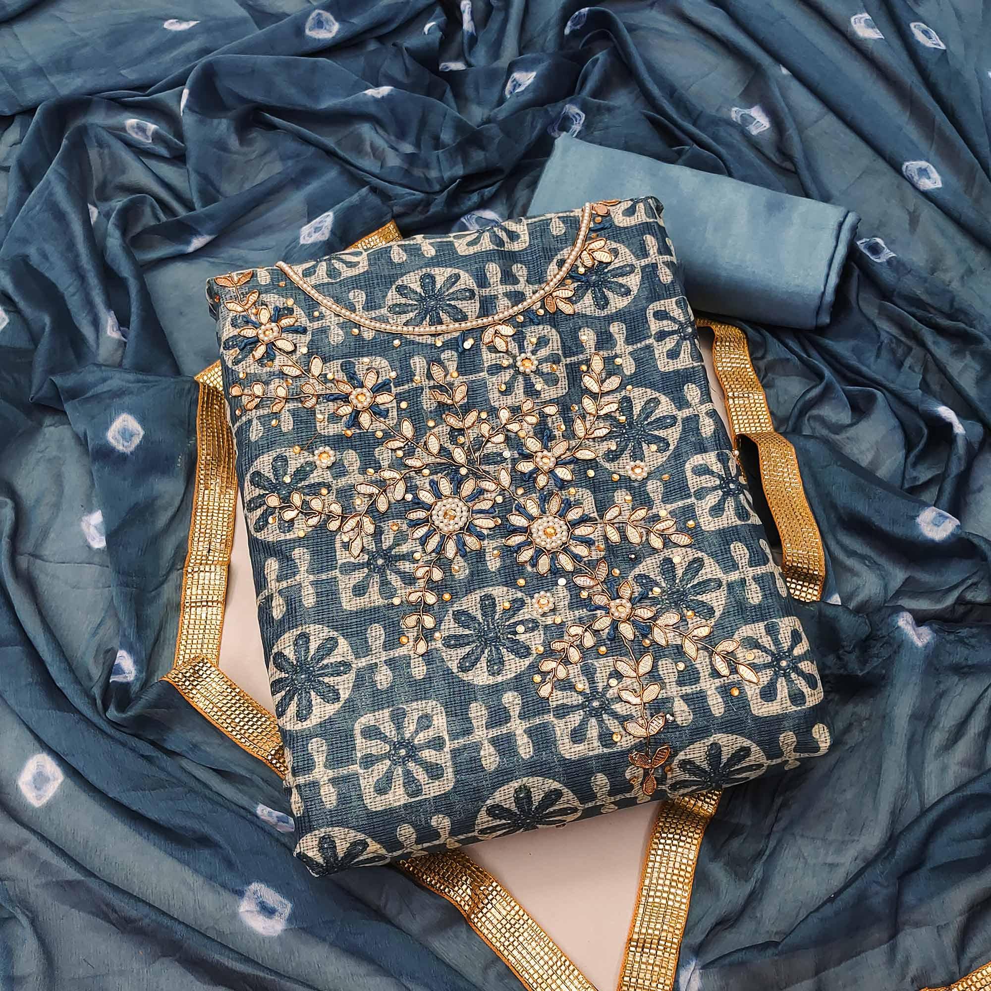 Grey Printed With Embellished Khaadi Dress Material - Peachmode