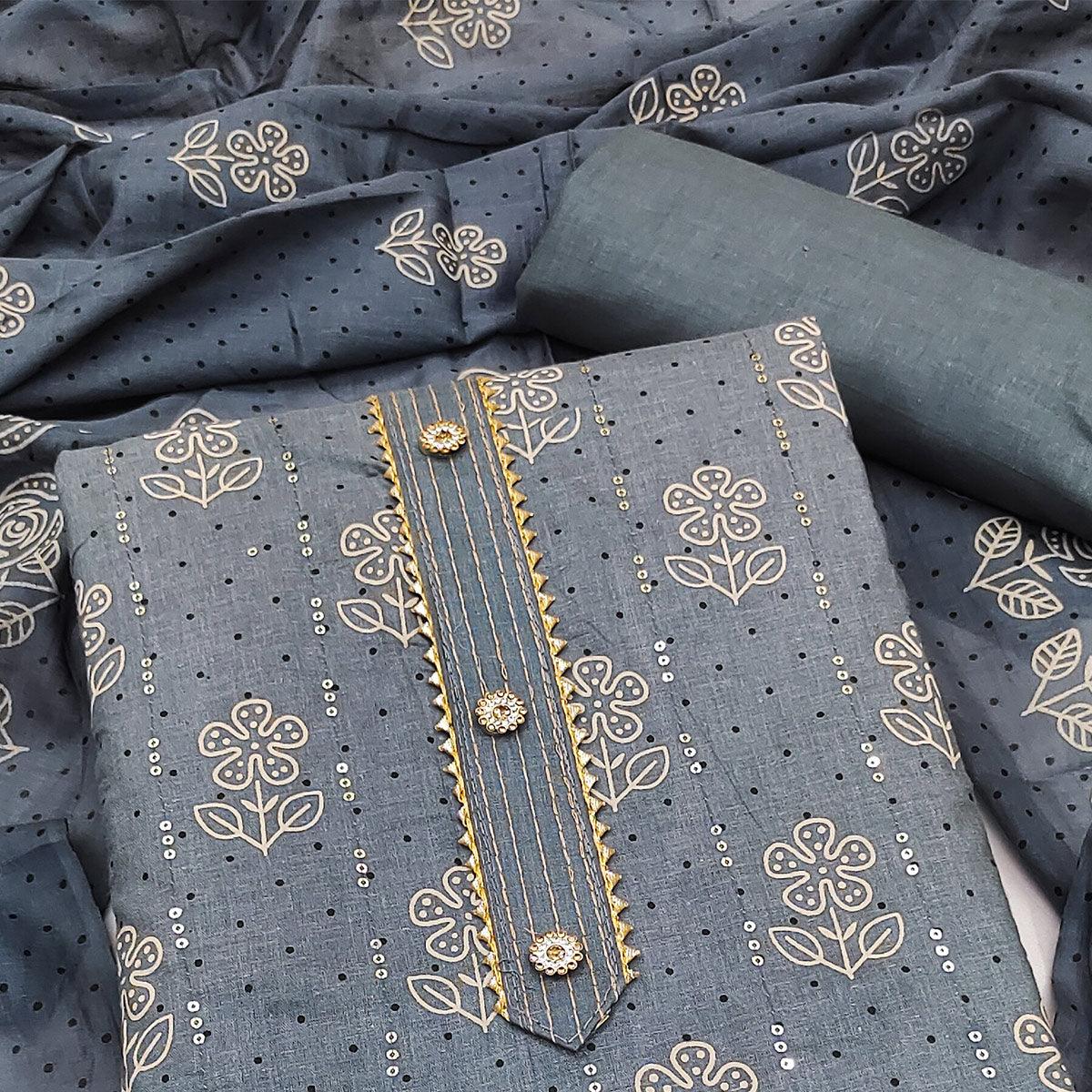 Grey Printed With Embellished Pure Cotton Dress Material - Peachmode