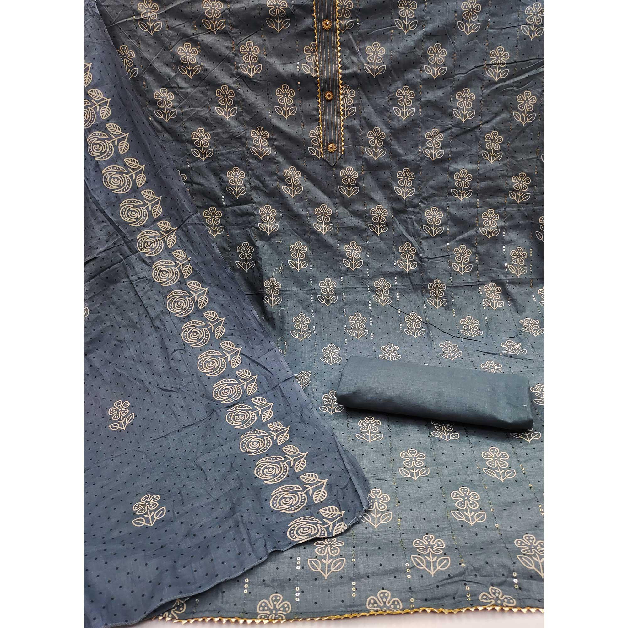 Grey Printed With Embellished Pure Cotton Dress Material - Peachmode