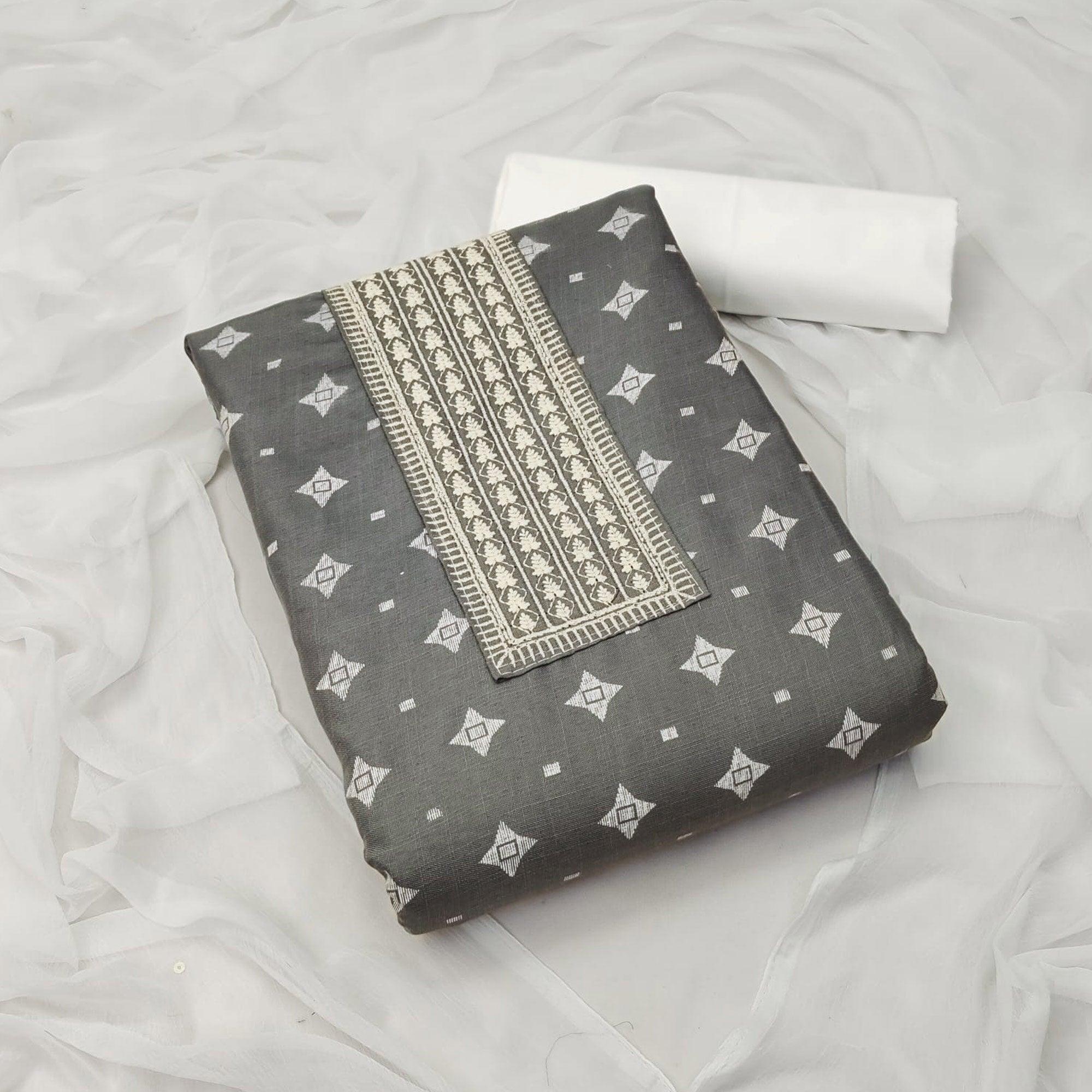 Grey Printed With Embroidered Cotton Blend Dress Material - Peachmode