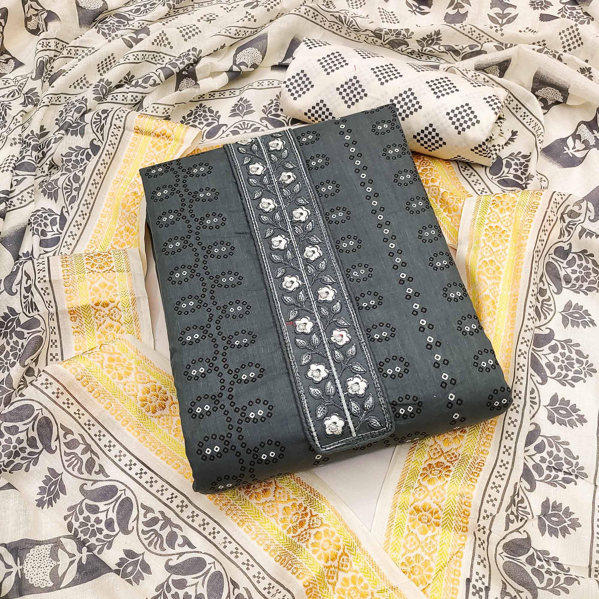 Grey Printed With Embroidered Cotton Blend Dress Material - Peachmode