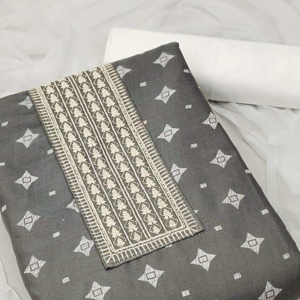 Grey Printed With Embroidered Cotton Blend Dress Material - Peachmode