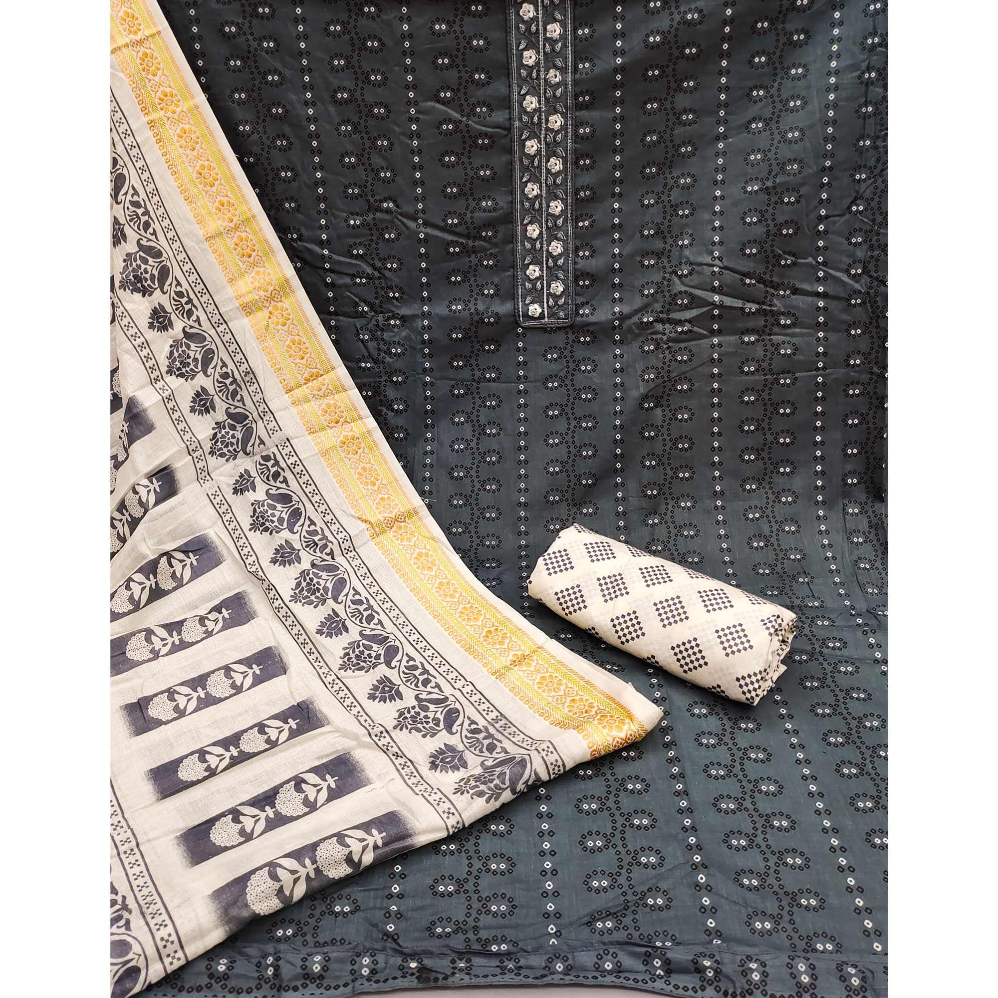 Grey Printed With Embroidered Cotton Blend Dress Material - Peachmode