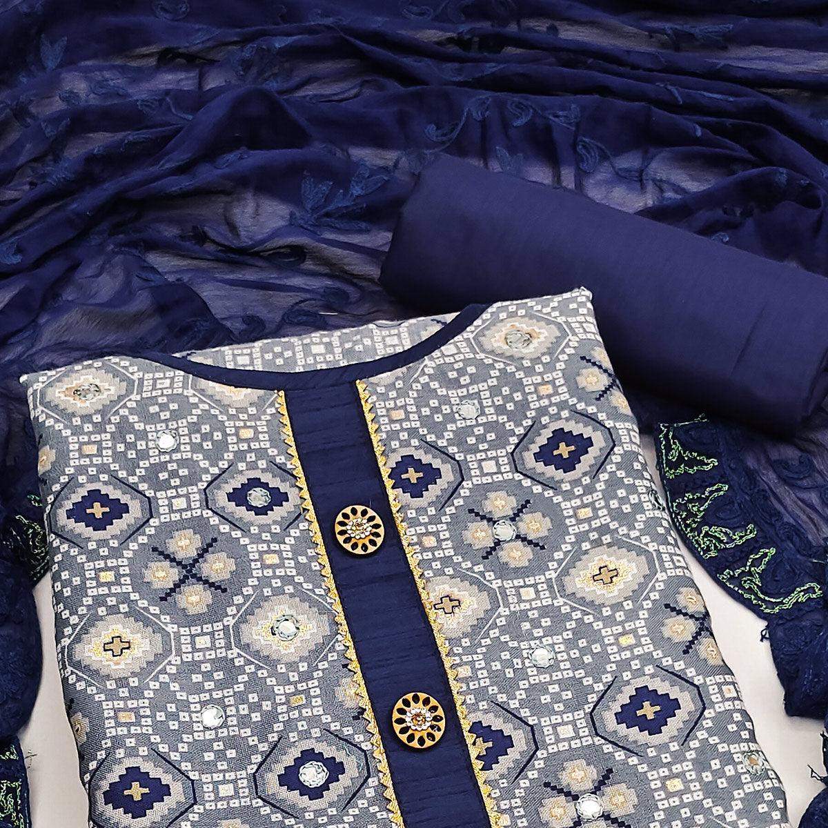 Grey Printed With Embroidered Poly Cotton Dress Material - Peachmode