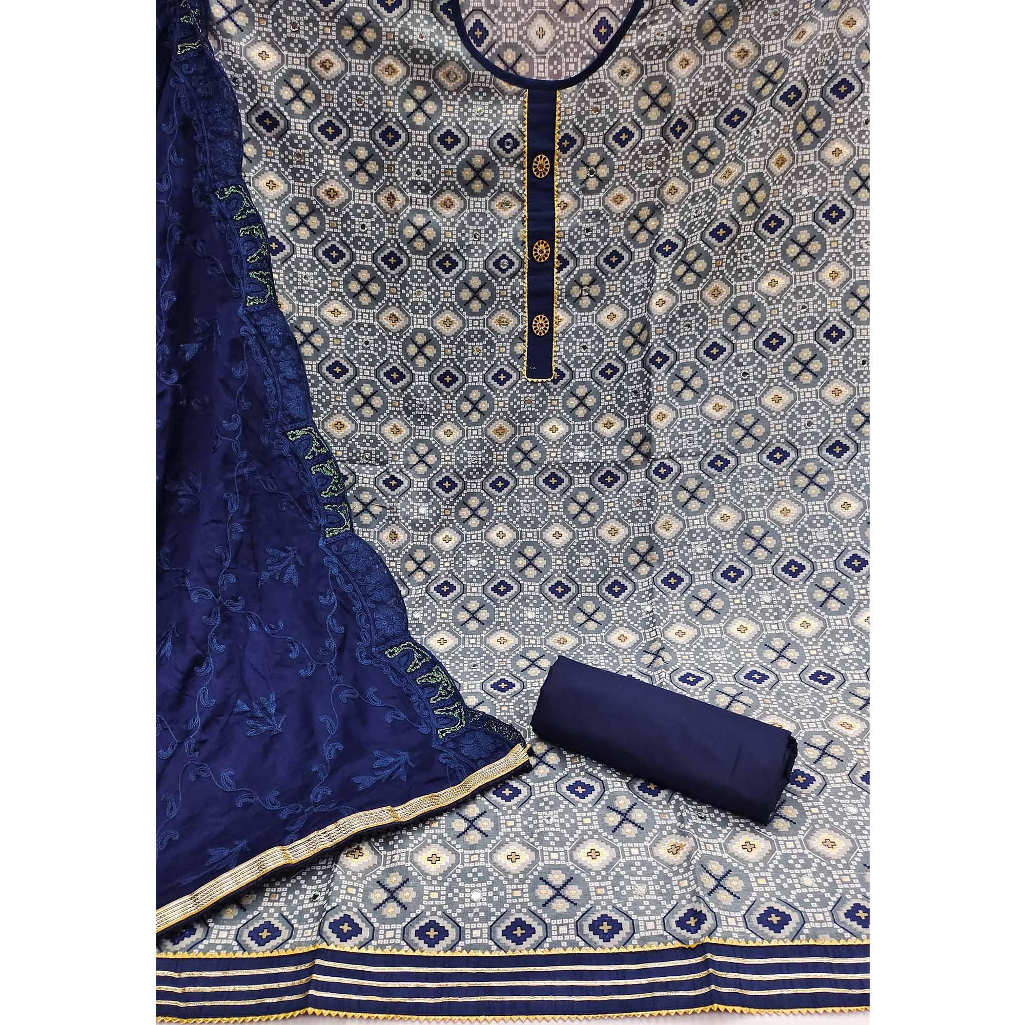 Grey Printed With Embroidered Poly Cotton Dress Material - Peachmode