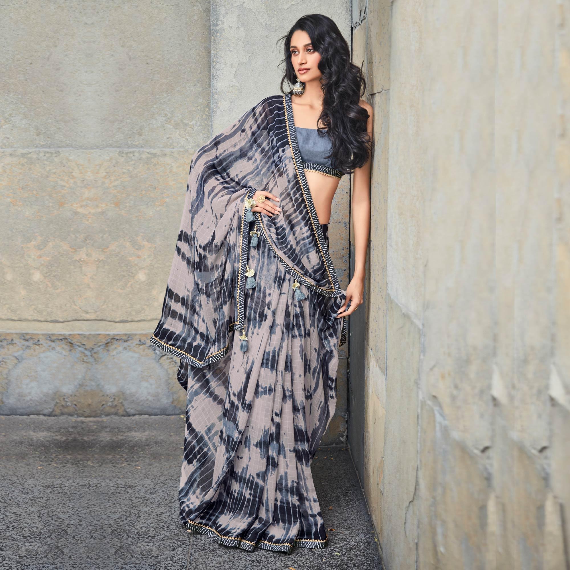 Grey Printed With Gota Patti Border Georgette Saree - Peachmode