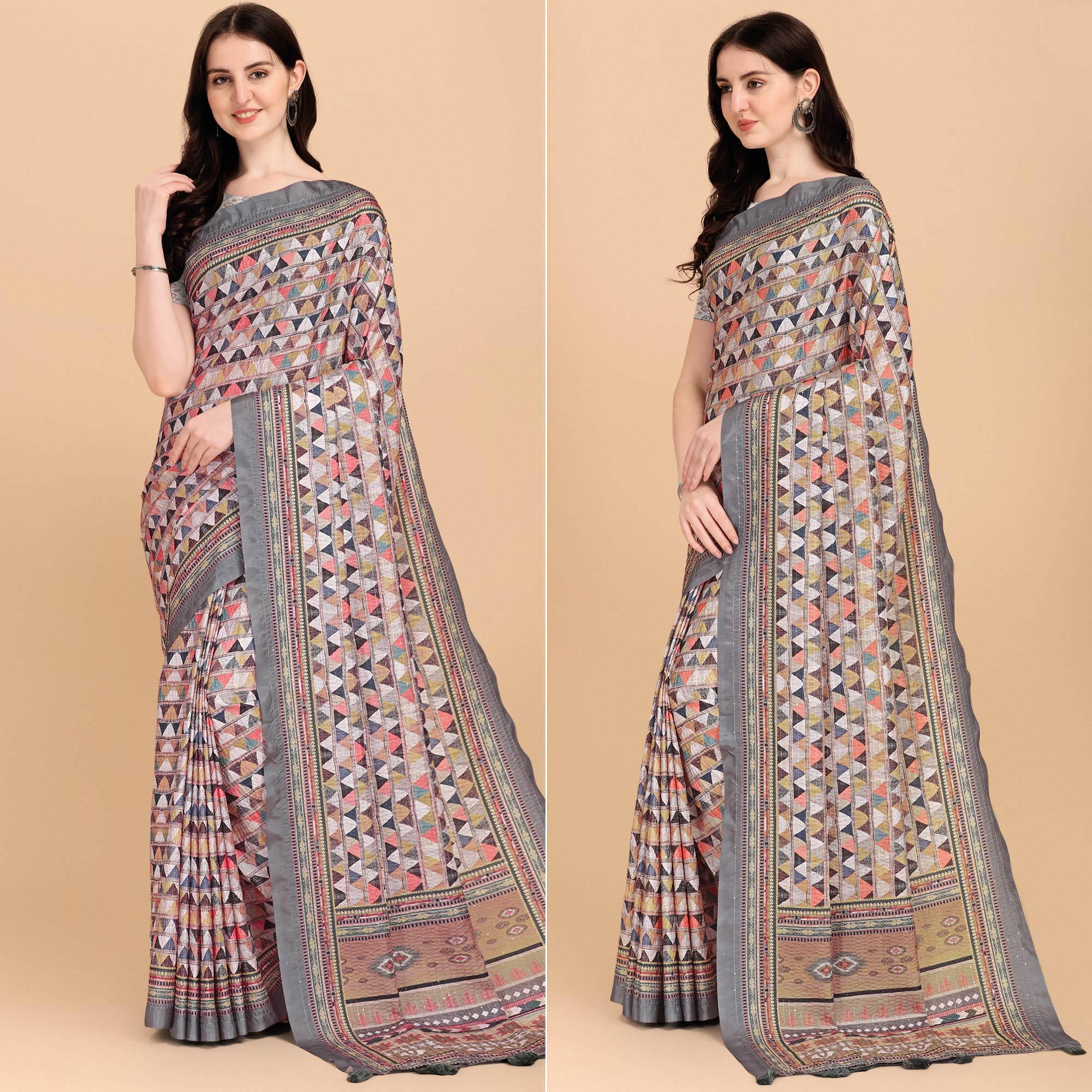 Grey Printed With Sequence Embroidered Cotton Silk Saree - Peachmode