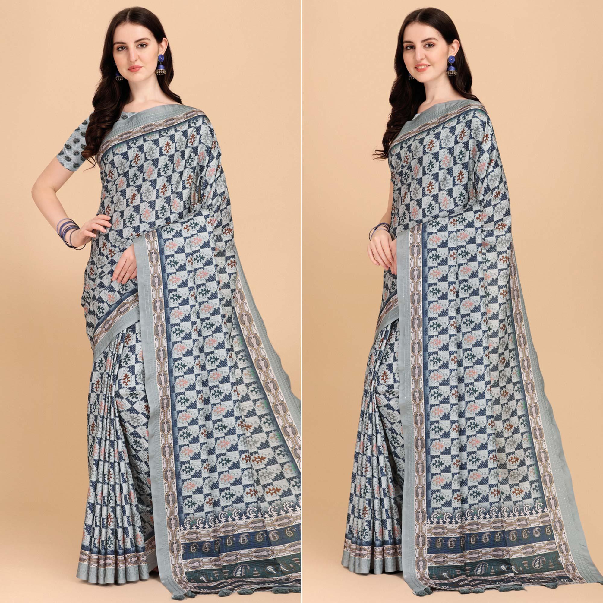 Grey Printed With Sequence Embroidered Cotton Silk Saree - Peachmode