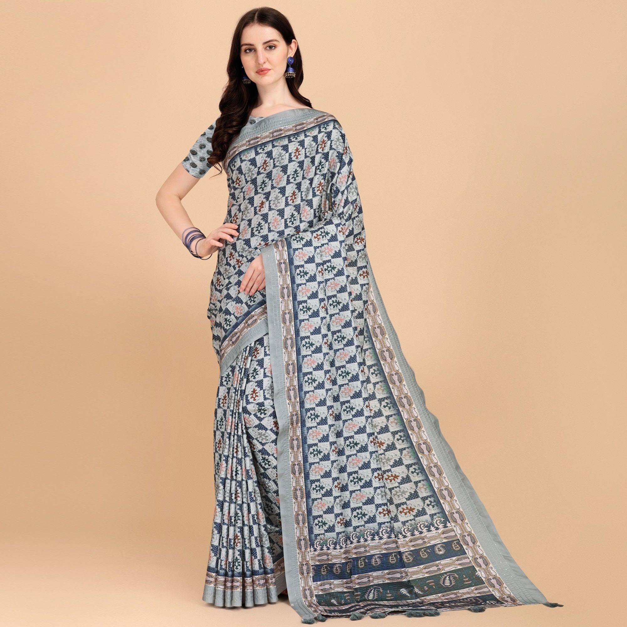 Grey Printed With Sequence Embroidered Cotton Silk Saree - Peachmode