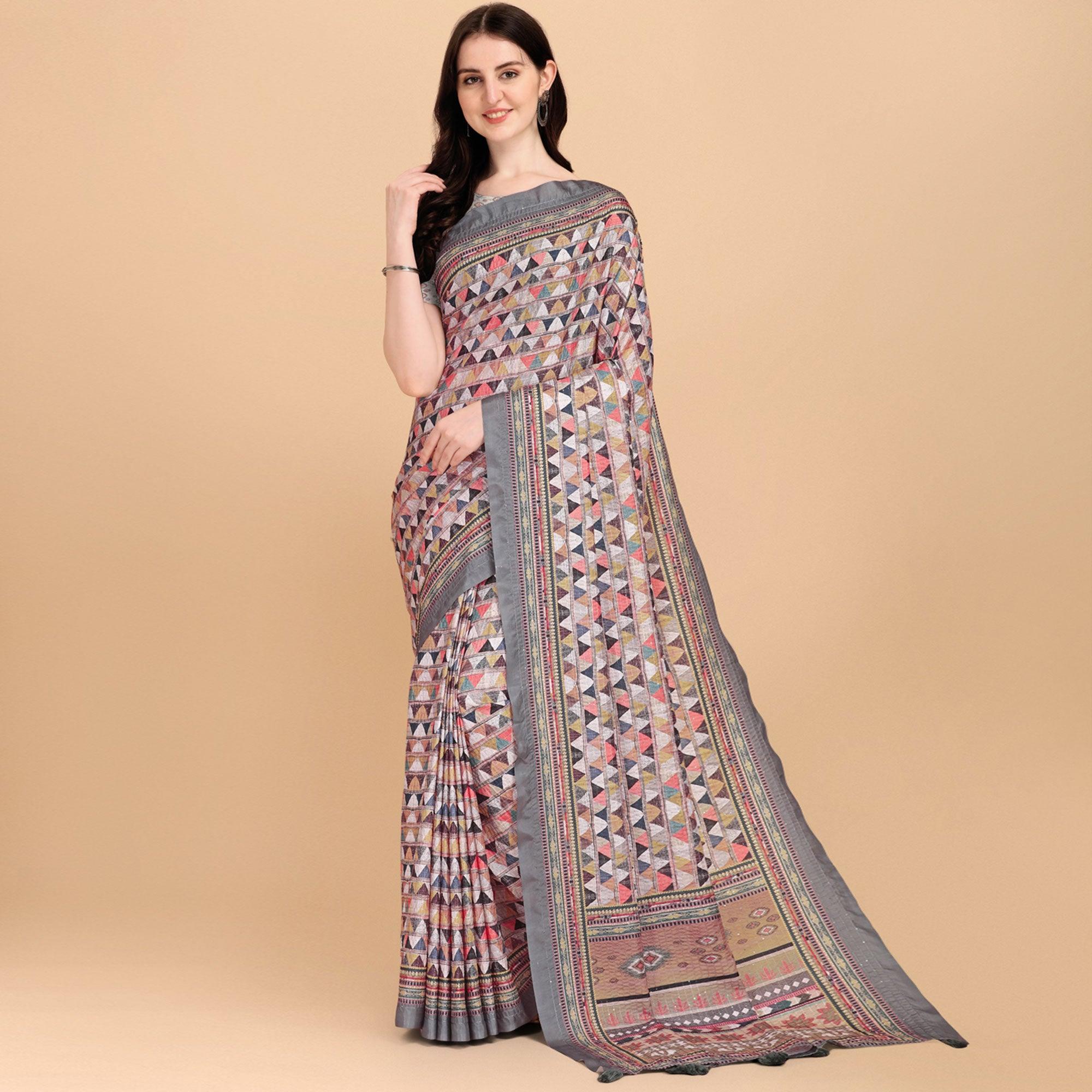 Grey Printed With Sequence Embroidered Cotton Silk Saree - Peachmode