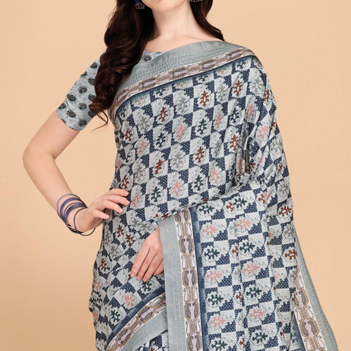 Grey Printed With Sequence Embroidered Cotton Silk Saree - Peachmode