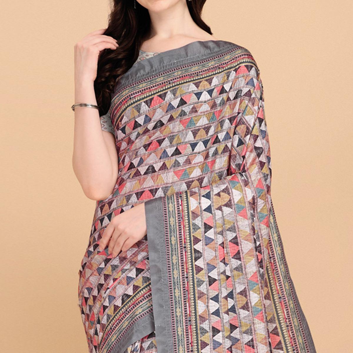 Grey Printed With Sequence Embroidered Cotton Silk Saree - Peachmode
