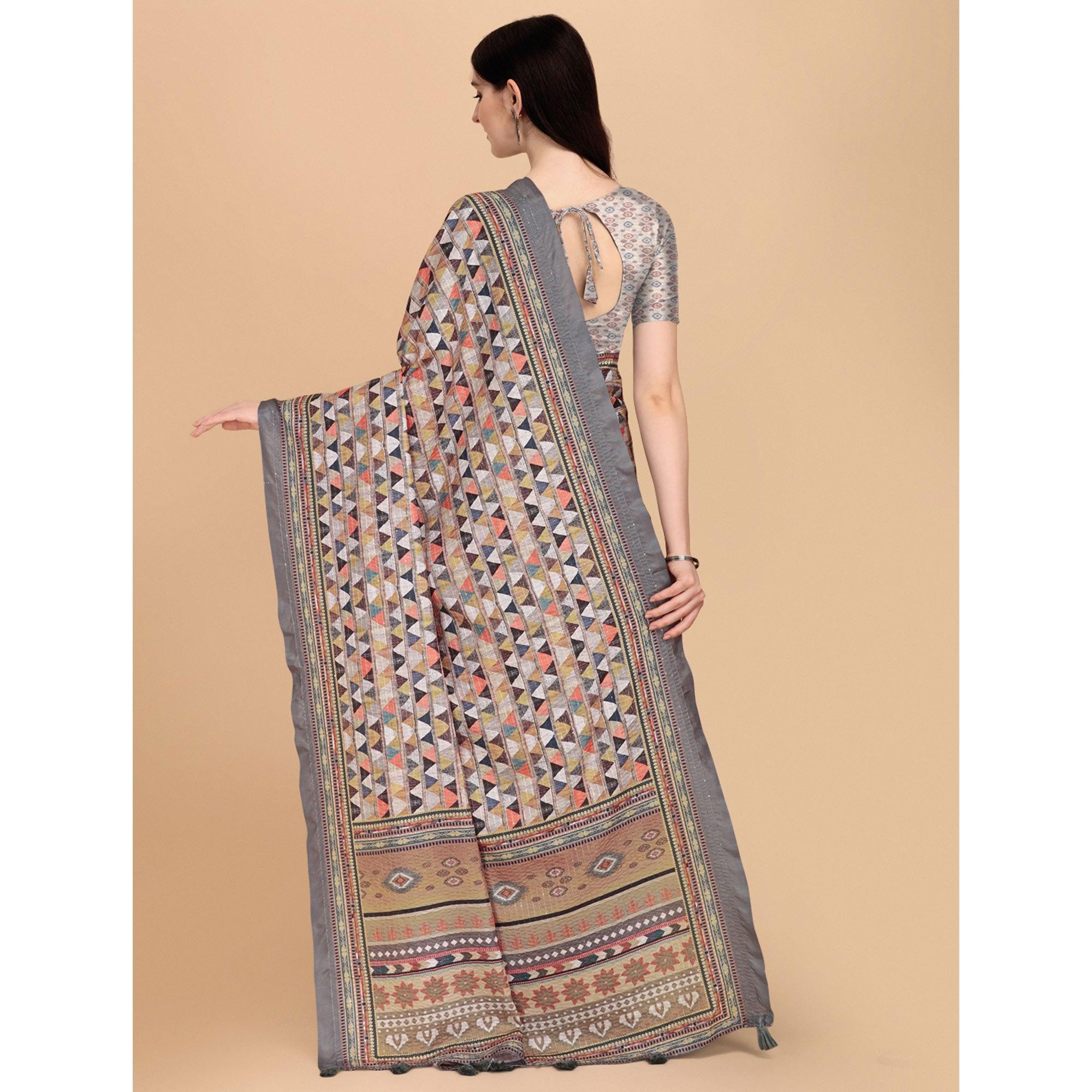 Grey Printed With Sequence Embroidered Cotton Silk Saree - Peachmode