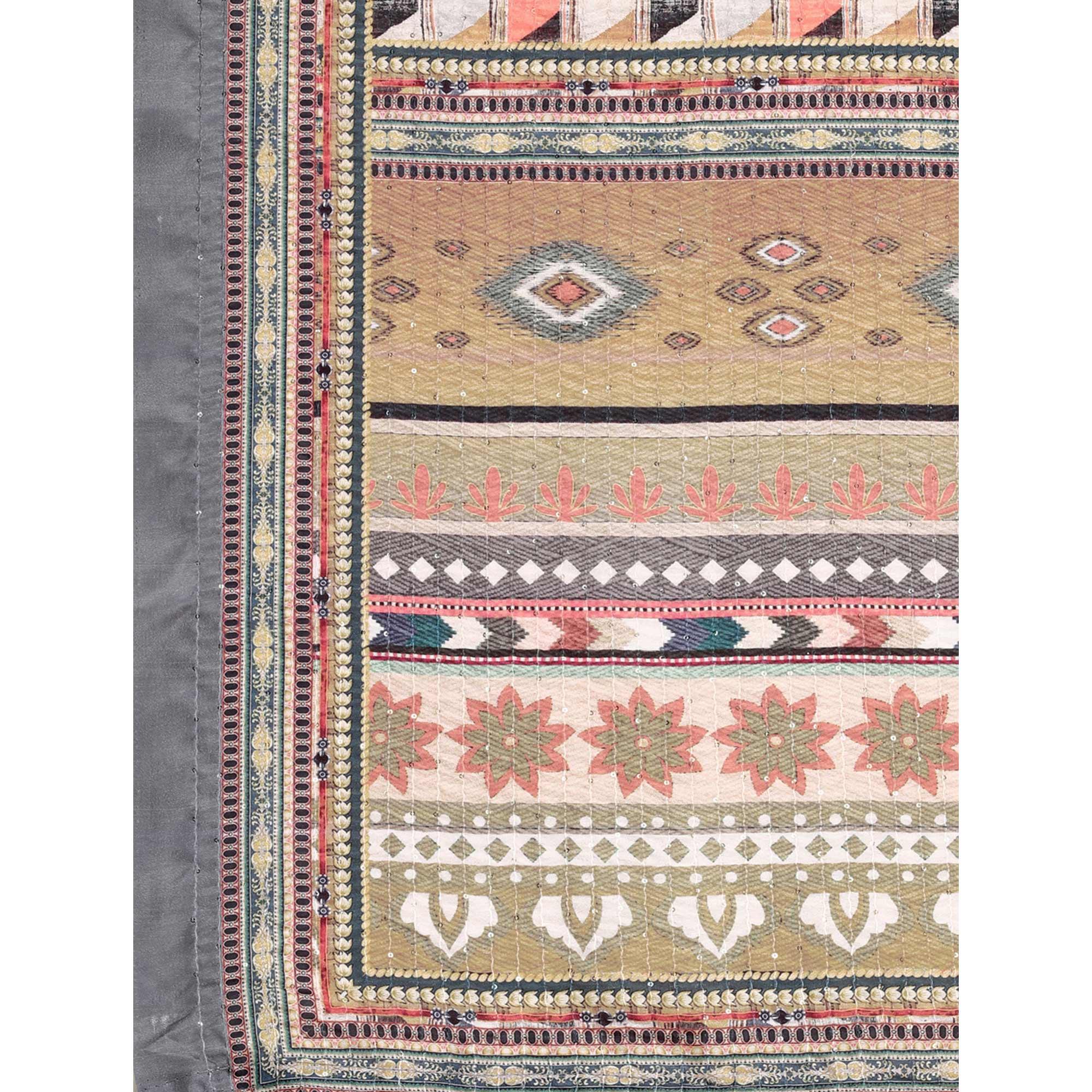Grey Printed With Sequence Embroidered Cotton Silk Saree - Peachmode